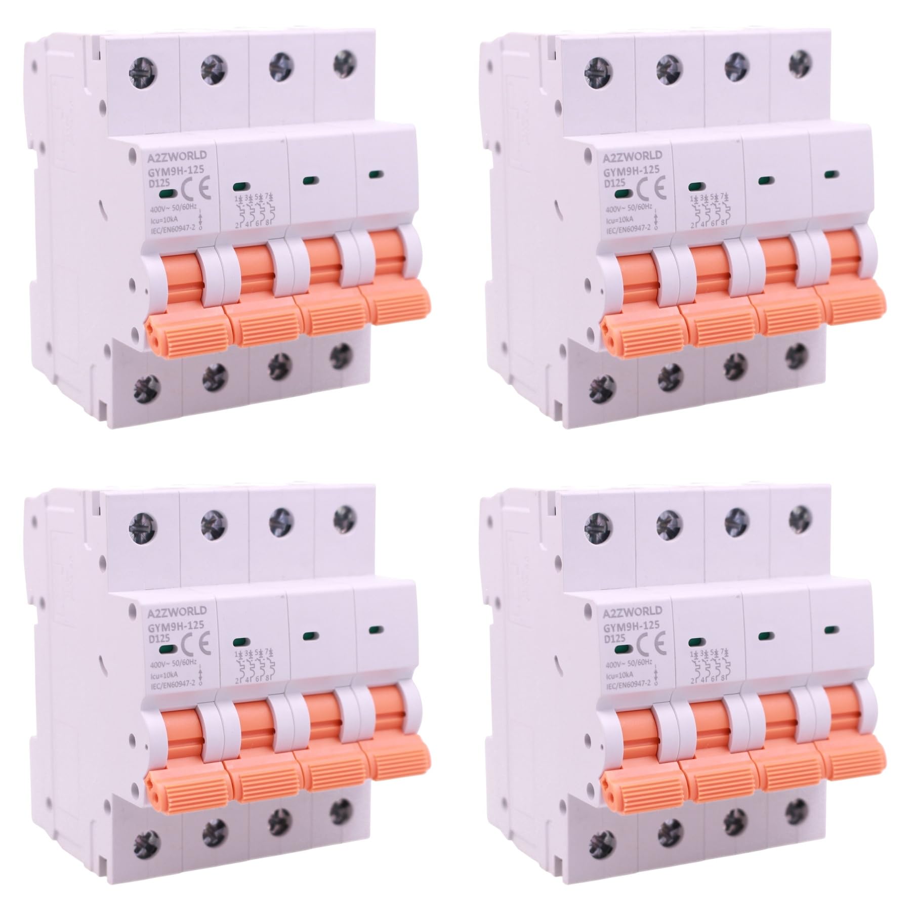 4 interruptores magnetotérmicos trifásicos 4P 125 A D125, curva D 10 kA, 4 módulos DIN 380 V AC, certificado IEC60898-1, serie GYM9H-125 profesional