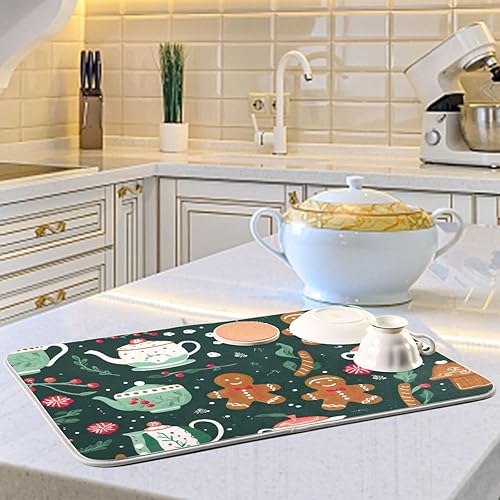Miniatura 6 de Tapete de secado de platos verde de hombre de jengibre navideño para encimera de cocina, tapete reversible de 18 x 24 pulgadas, tapete de drenaje de