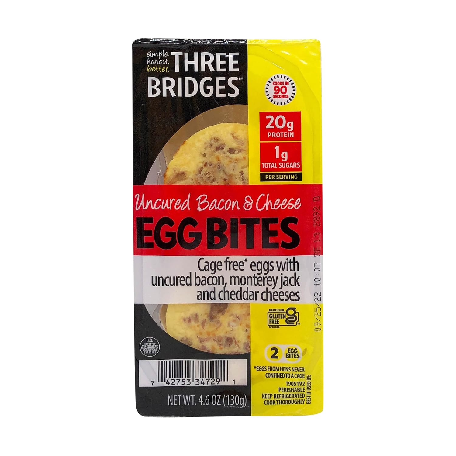 THREE BRIDGES Uncured Bacon & Cheese Egg Bites, 4.6 OZ Grocery & Gourmet Food