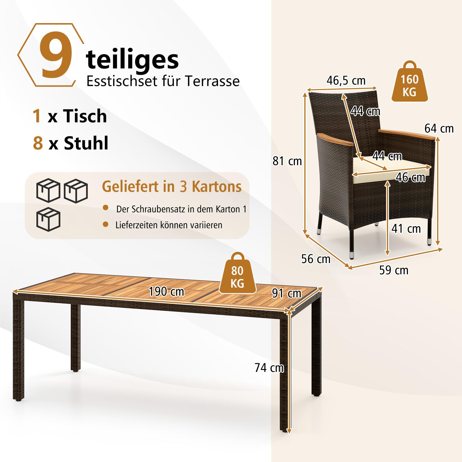 SOARS Gartenmöbel Set 8 Personen Rattan, Gartengarnitur mit Akazienholz Gartentisch, Schimloch & Stapelbare Stühle inkl. Kissen, Garten Sitzgruppe Essgruppe für Innen & Außen