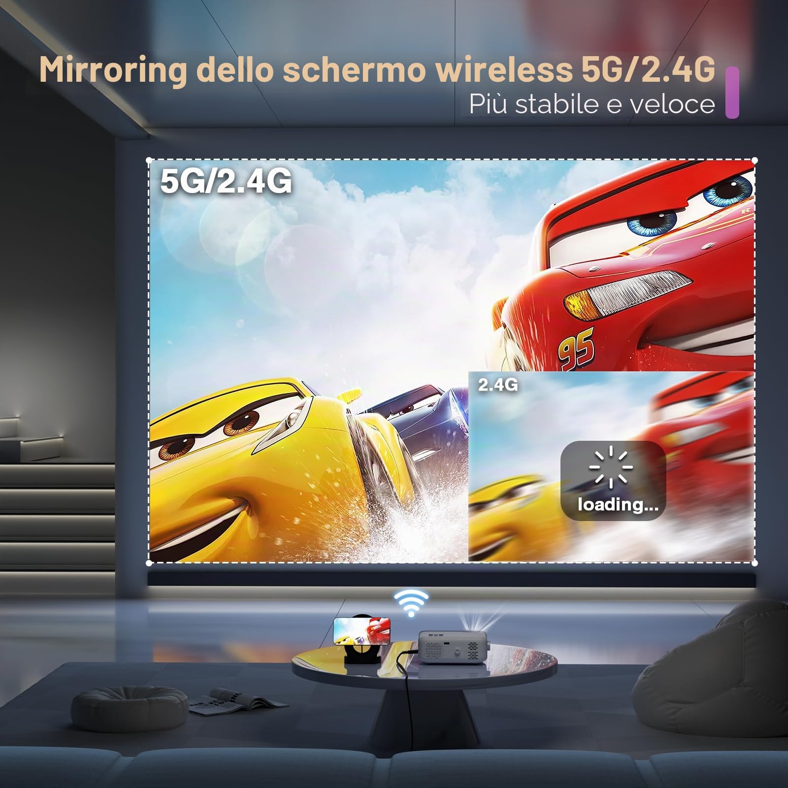 VOPLLS 22000L, videoproiettore Bluetooth WiFi Full HD 1080P, proiettore video portatile con zoom al 50%, per cellulare, tablet, laptop, PC, TV, HDMI, USB, AV