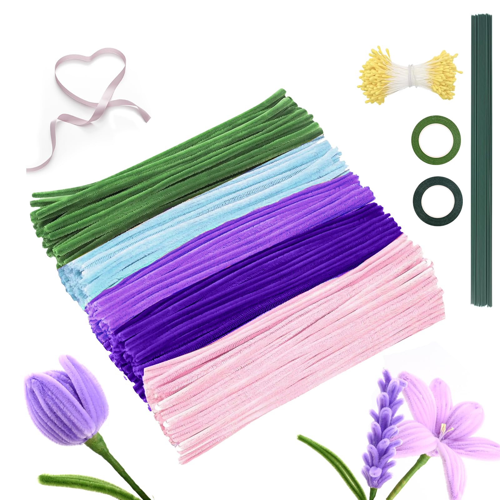 Pfeifenreiniger Pfeifenputzer zum Basteln Blumen: 500 Pfeifenreiniger Blumen Set mit 20 grünen Gel-Blumenstäben, Pipe Cleaner Flower Set für handgefertigte Blumensträuße und DIY-Dekorationen