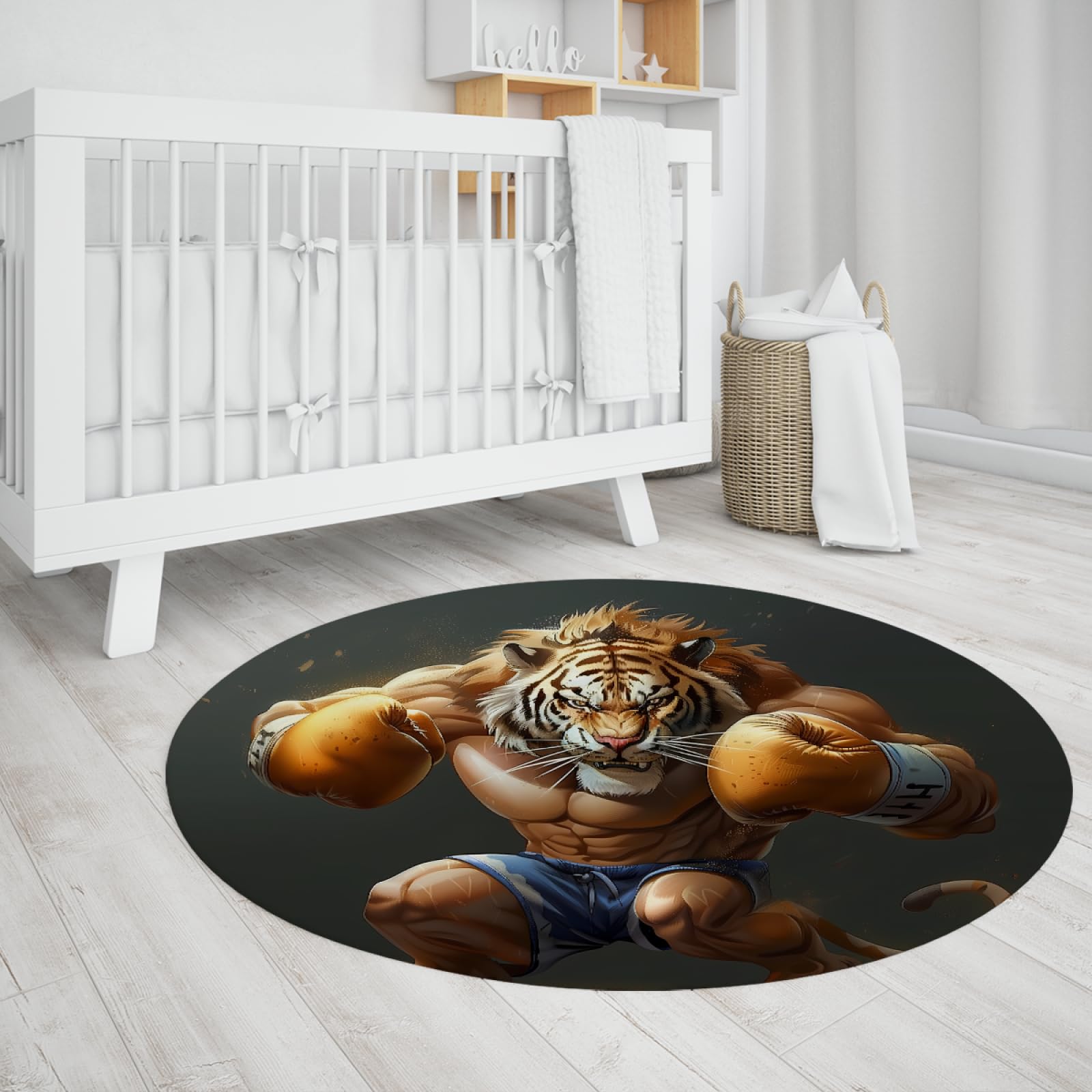 Tapis rond lavable tigre boxe 140cm ultra doux pour cuisine