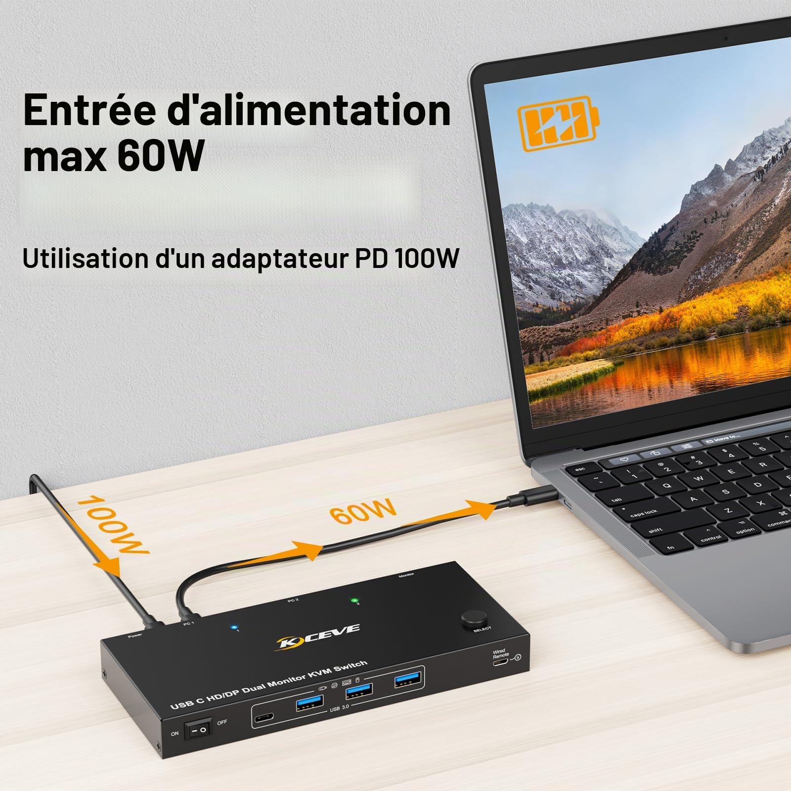 KVM Switch Laptop PC 2 Moniteur, KVM Switch 2 PC 2 Monitor USB C DP HDMI Partage 4 USB 3.0 Ports, 4K@60Hz, MST, PD 60W, Wired Remote(4K USB C DP HDMI 2 in 2 out KVM)