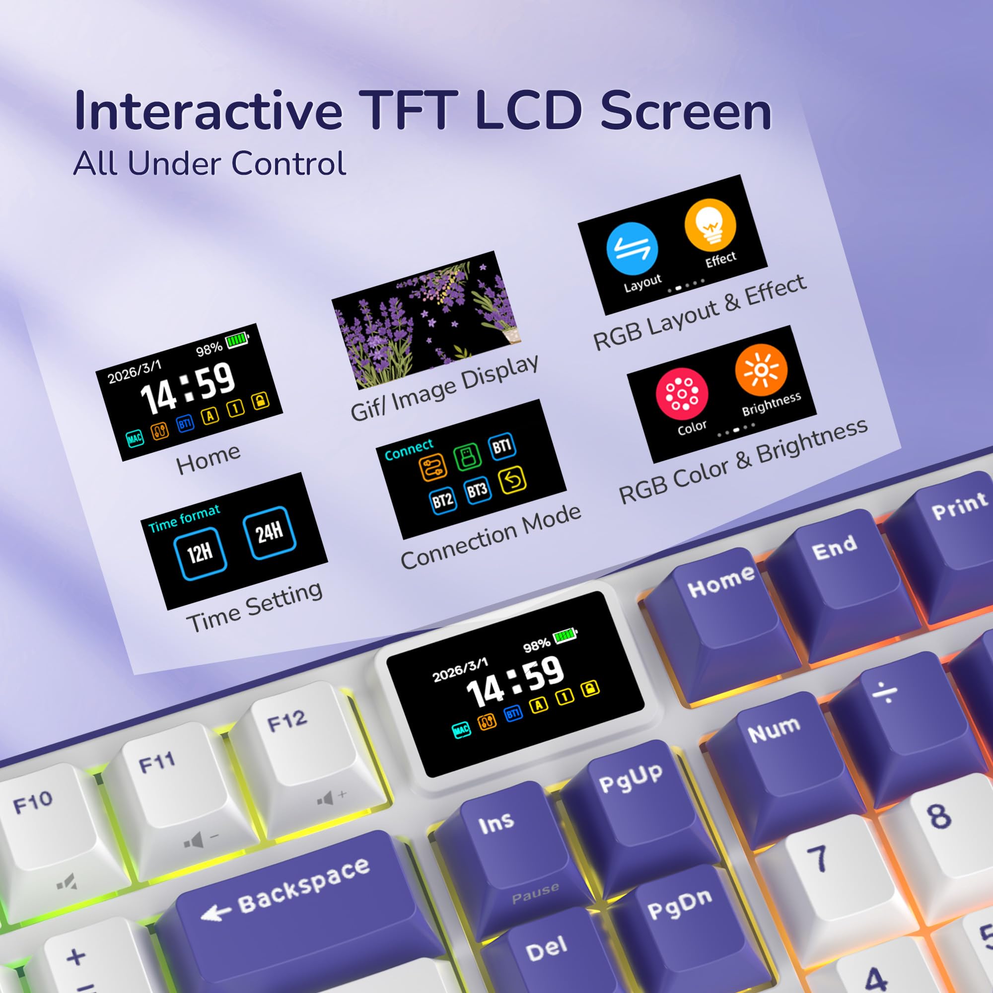 RK ROYAL KLUDGE Teclado mecánico inalámbrico S104 con pantalla y perilla, teclado para juegos de tamaño completo con batería de 8000 mAh, interruptores prelubricados con retroiluminación RGB
