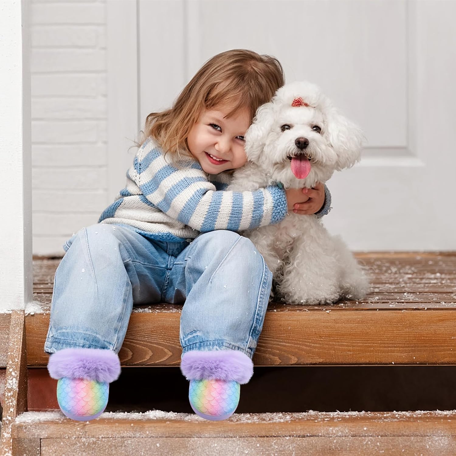 Girls Mermaid House Slippers Rainbow Faux Fur Non-Slip Comfy House Shoes for Kids Bedroom Indoor Outdoor