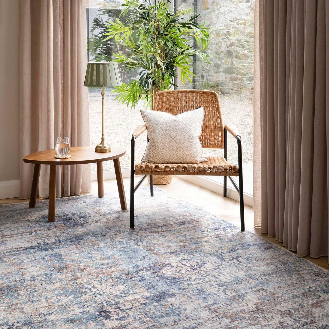 Antique Abstract Navy Blue Cotton Area Rug Machine Washable Stain-Resistant Non-Slip Distressed Grey Carpet Living Room Bedroom Hallway Kitchen Rugs 160cm x 230cm