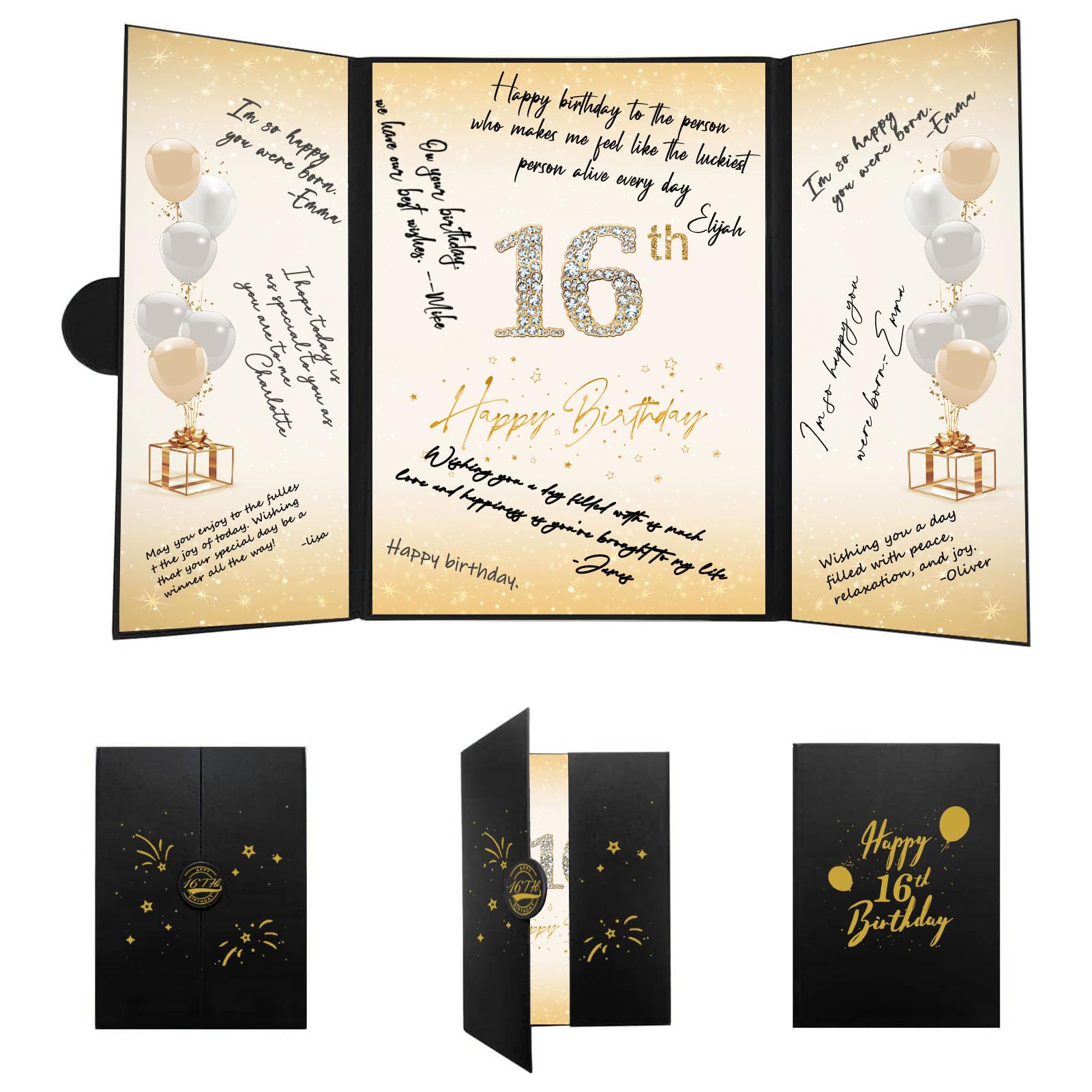 Crenics Sweet 16 Birthday Decorations Black and Gold, Creative 16th Birthday Guest Book Alternative, 16th Birthday Signature Book 18 x 12 inch, Great 16th Birthday Gifts for Girls or Boys