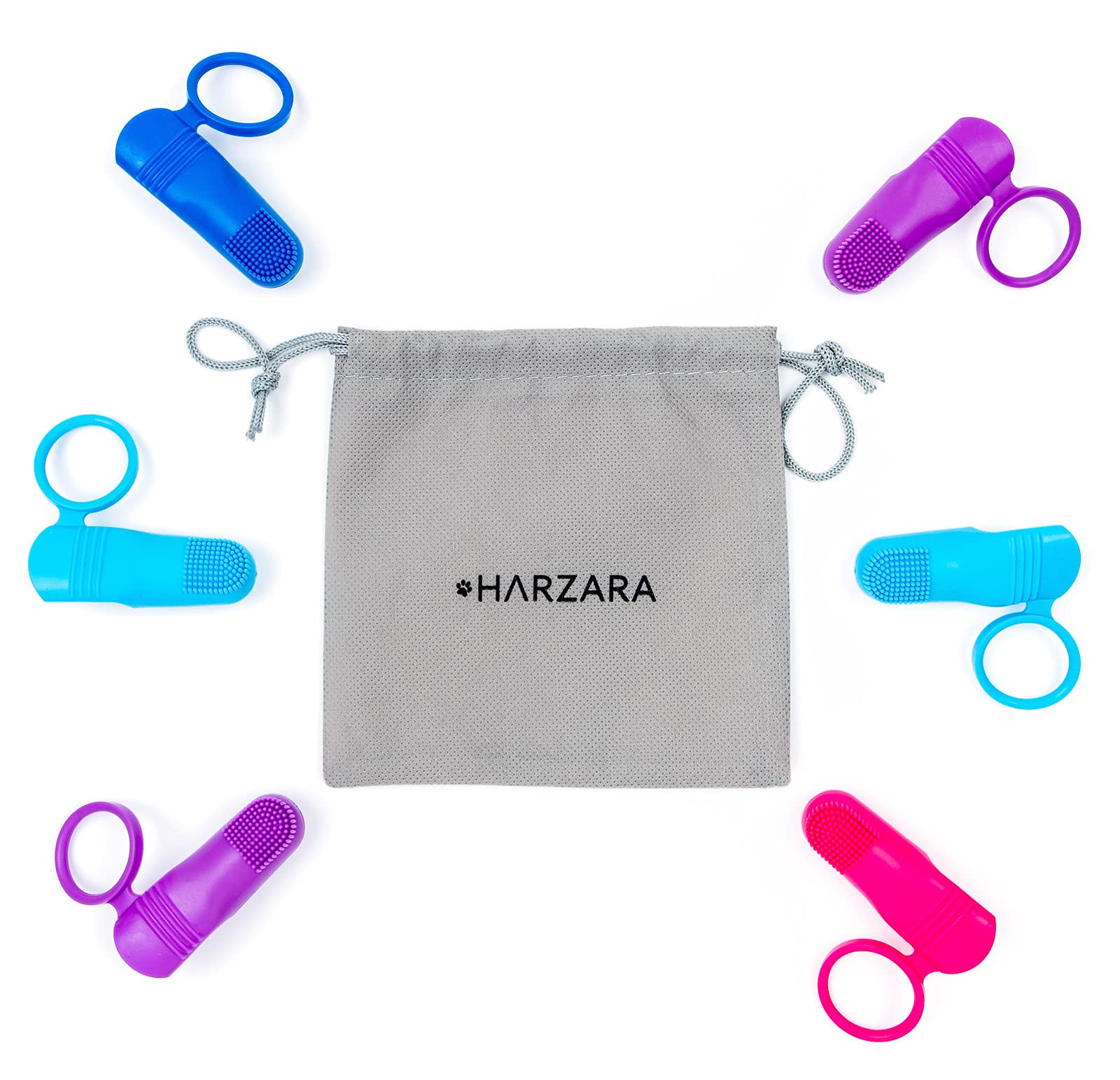 Harzara Professional Pet Finger Toothbrushes. 6 Pack. Best for a Dog,Puppy, Cat or Kitten. Unique Finger Holes to Fit All & Safety Ring. For Regular Teeth Cleaning & Dental Care.