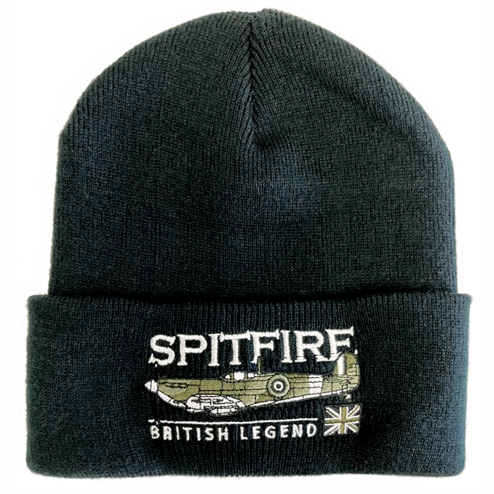 The Wooden Model Company Ltd Men's Black Supermarine Spitfire Raf Ww2 Fighter Aircraft Woolen Beanie Hat