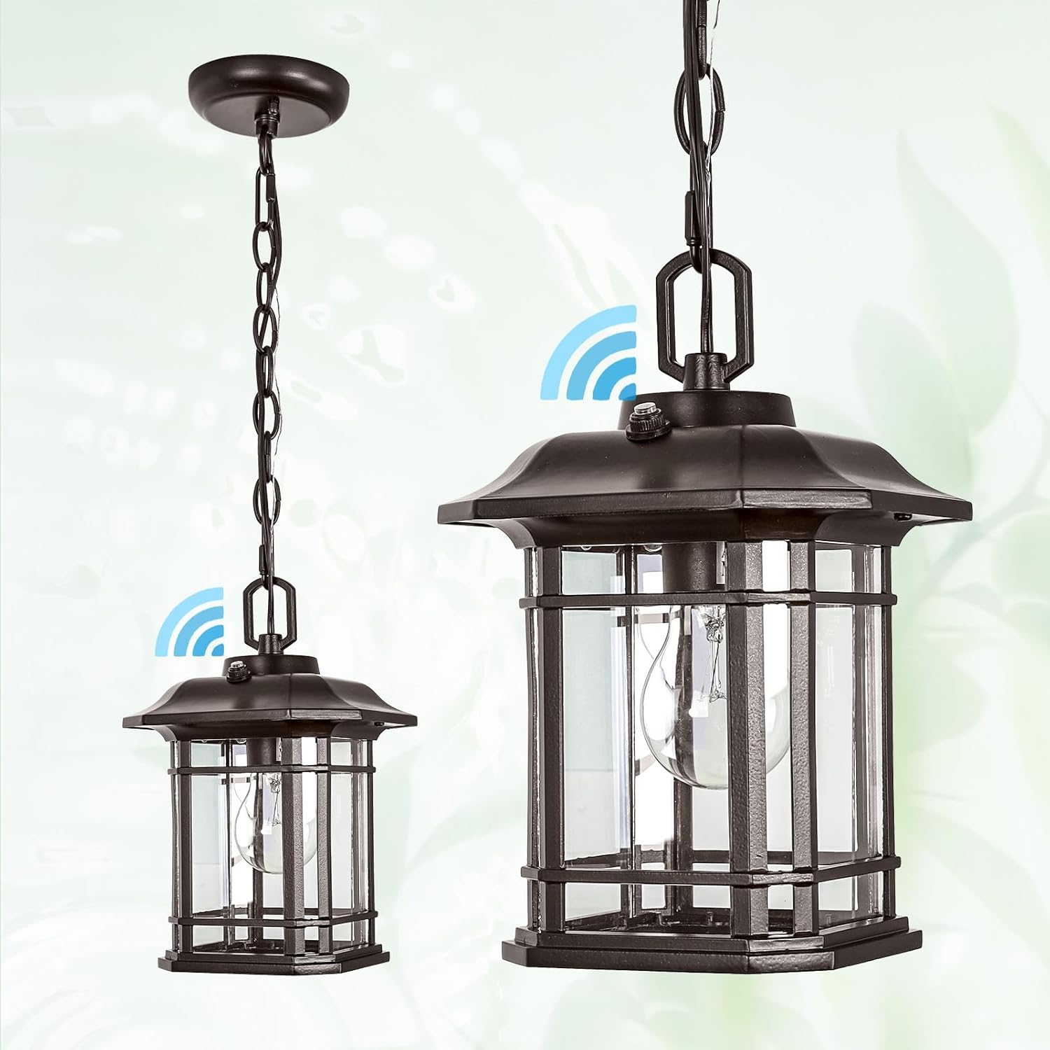 Modern Outdoor Pendant Light: Outdoor Chandelier for Porch with Dusk to Dawn Sensor, Light Brown Hanging Lantern Chandelier, Exterior Pendant Lighting Fixture for Porch, Yard, Gazebo