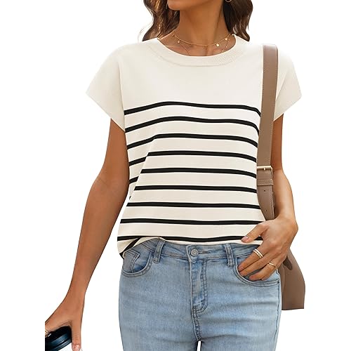 MIROL Women's Cap Sleeve Striped Tops 2024 Batwing Short Sleeve Summer Crewneck Tee Knit Casual Loose Shirts