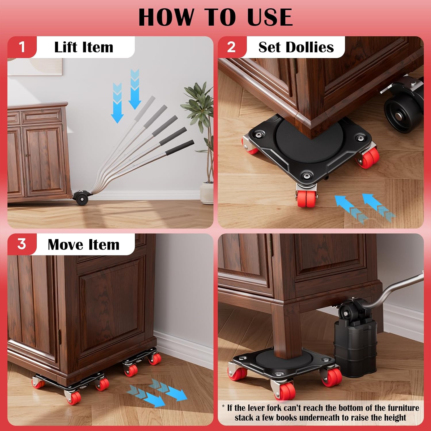Heavy Duty Furniture Movers with 8 Wheels, Dual-Wheel Caster Square Dollies with Furniture Lifter and Base, 360° Swivel Casters, Non-Slip Pads, Up to 3500 lbs Load Capacity