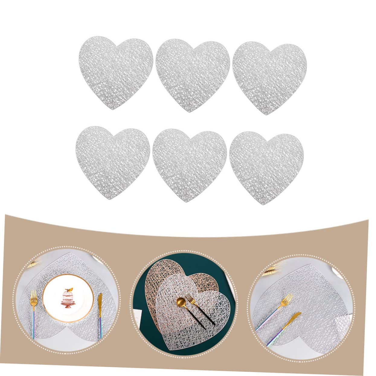 Tovaglietta a Cuore in Pvc Argento 6 Pezzi per Tavolo
