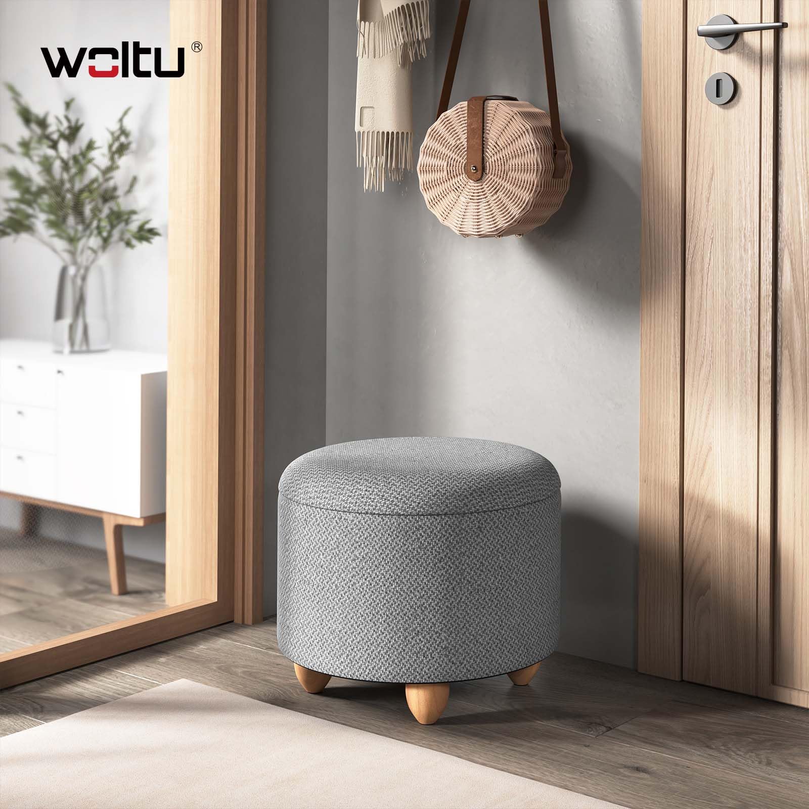 WOLTU Hocker mit Stauraum, Sitzhocker Gepolstert rund, Couchtisch mit Massivholzbeine, Fußhocker mit Deckel, Leinenbezug, Ø39x33 cm, Hellgrau