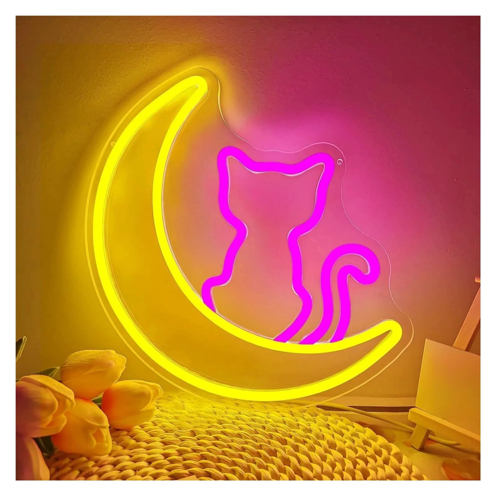 Lemst One Color Signs Lamp Cat Neon Signs Usb Powered Adjustable Brightness Moon Cat Neon Lights, Suitable For Window Decor 27.7Cmx28.2cm
