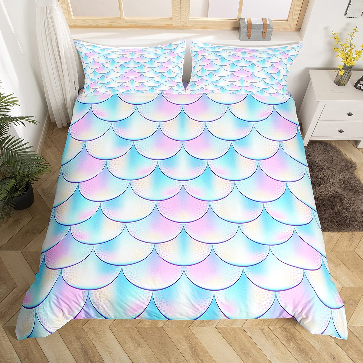 Juego de Funda de edredón con Escamas de pez de Sirena Coloridas Escalas de pez,Juego de Ropa de Cama,Funda de edredón 3D,Funda de edredón Morada Vibrante,Super King