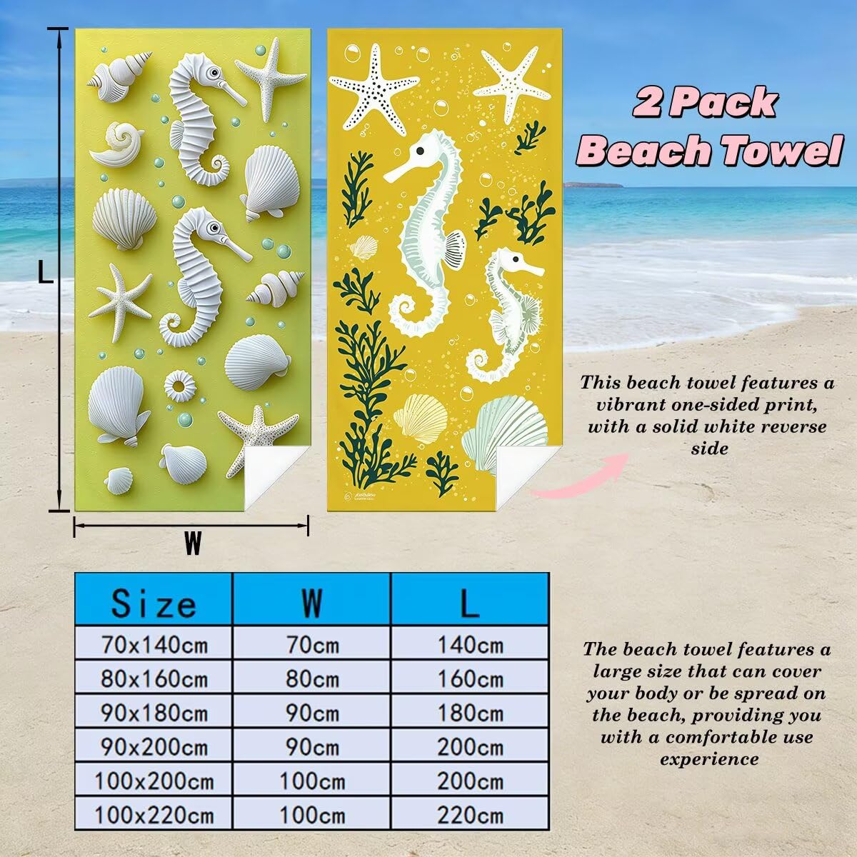 Toalla Playa 80x160 cm, Toalla Gimnasio Microfibra Secado Rapido, Juego de 2 Antiarena Toallas de Playa, Ligera Compacta Toallas Microfibra Grande para Viaje, Regalo Mujer Hombre (Caballito Mar) -3885