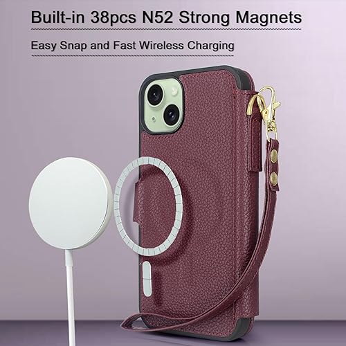 Miniatura 4 de Lacass Compatible con MagSafe Case Wallet para iPhone 15 PlusiPhone 14 Plus de 6.7 pulgadas, 3 tarjeteros con cremallera de piel, cierre magnético,