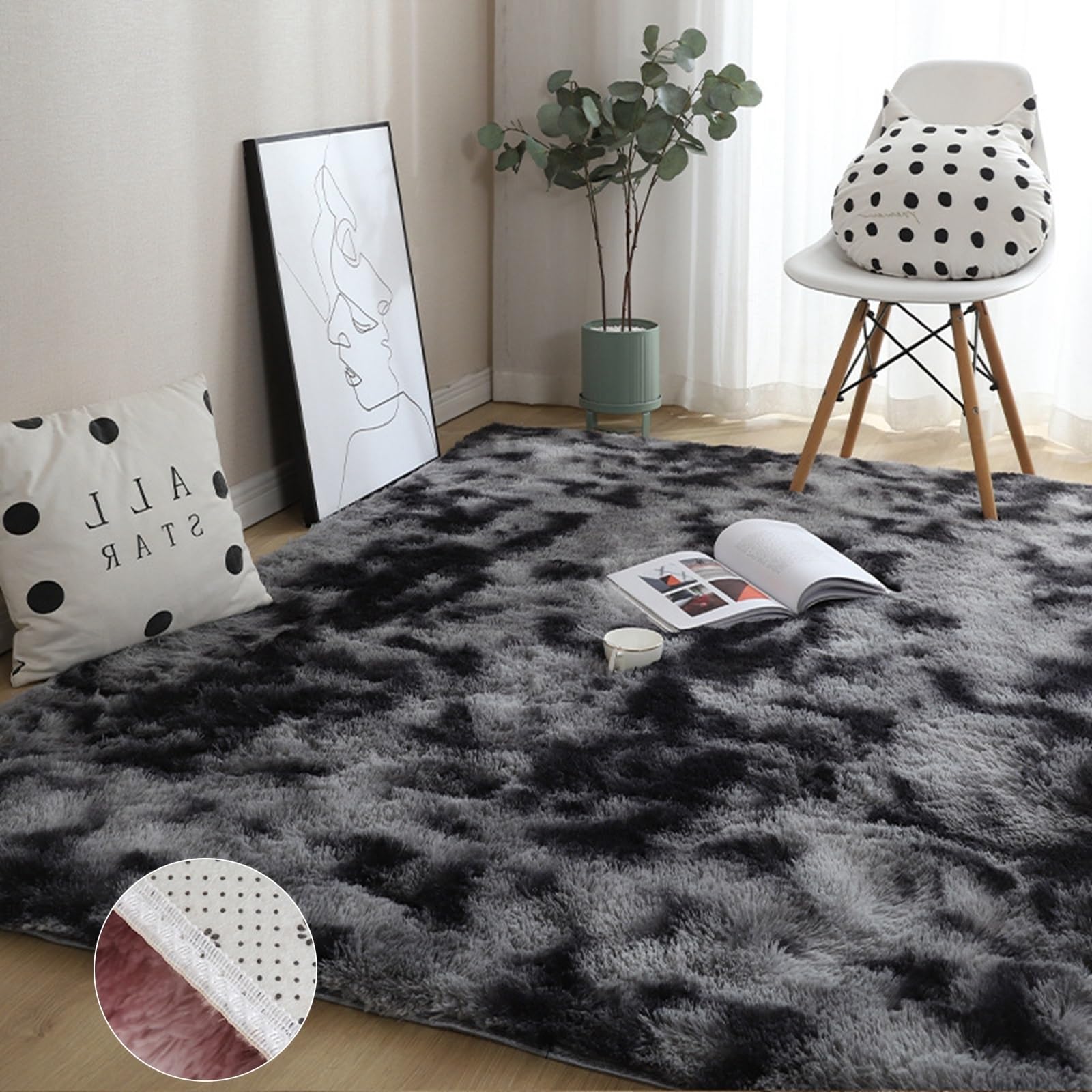 GOUSANG Soft Fluffy Carpet Area Rug 60 x 130 cm Cozy Bedroom Carpet Non-Slip Backing Luxurious Soft for Bedroom Sofa Floor Dining Room, Dark Grey