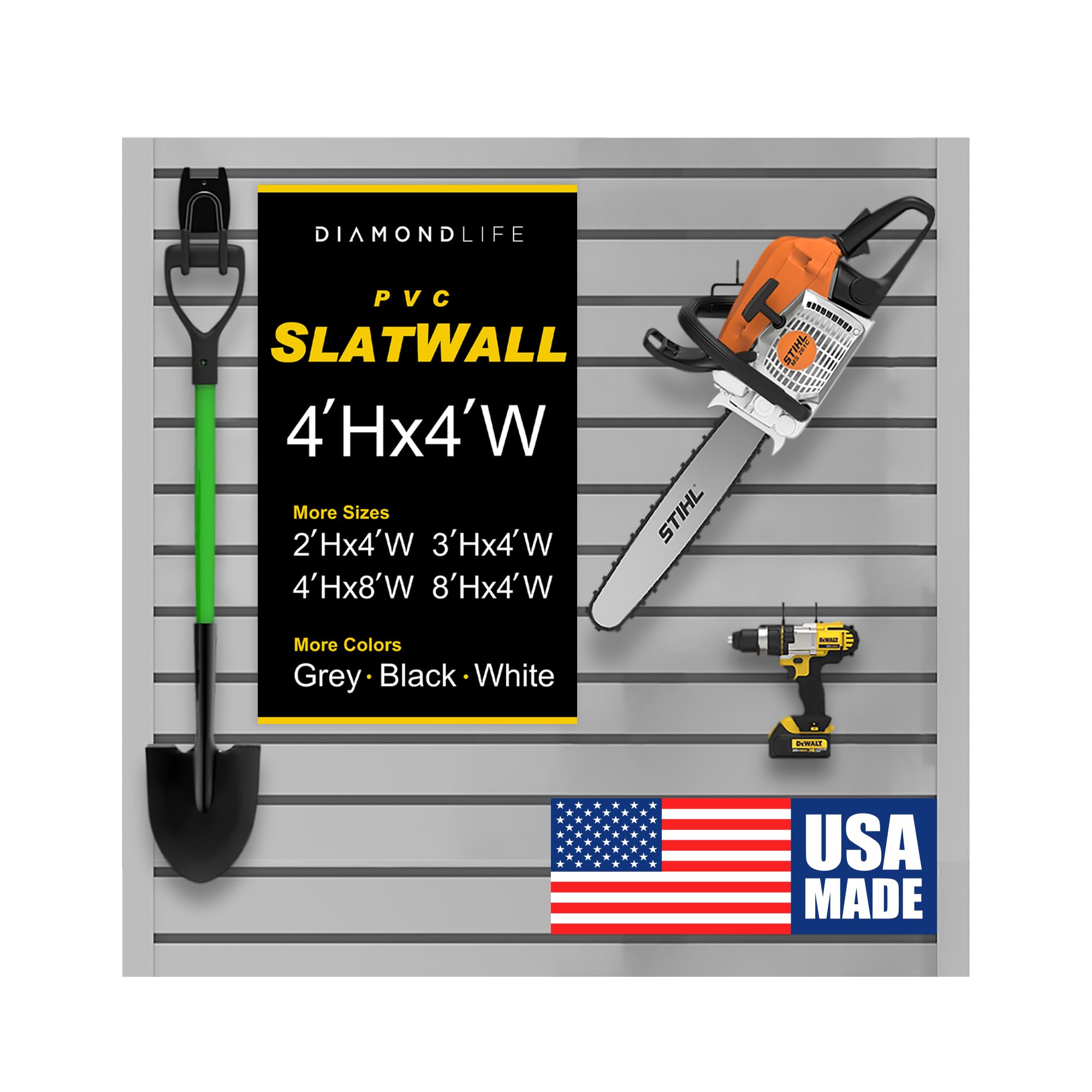 DLDIRECT 48" X 48" - Grey Slatwall Panel Garage Organizer: Heavy Duty Wall Mounted PVC Rack, Interlocking Slat Paneling for Garage Storage, Slotwall Board, Shelves System