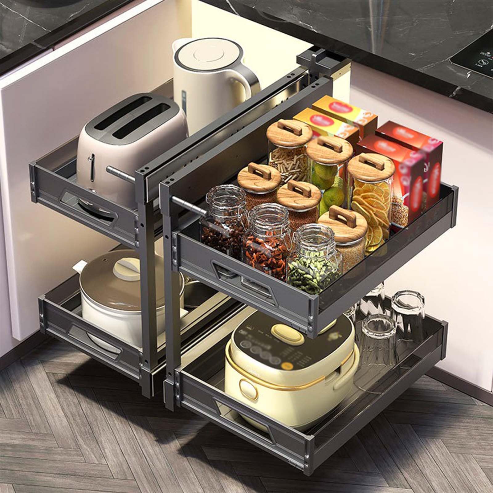 IUokLU Pull Out Kitchen Storage Kitchen Storage Shelf Blind Corner Pull Out Shelf Organizer for Left Cabinet Basket Cabinets 2 Tier High Volume Spice Rack Space-Saving Easy to A