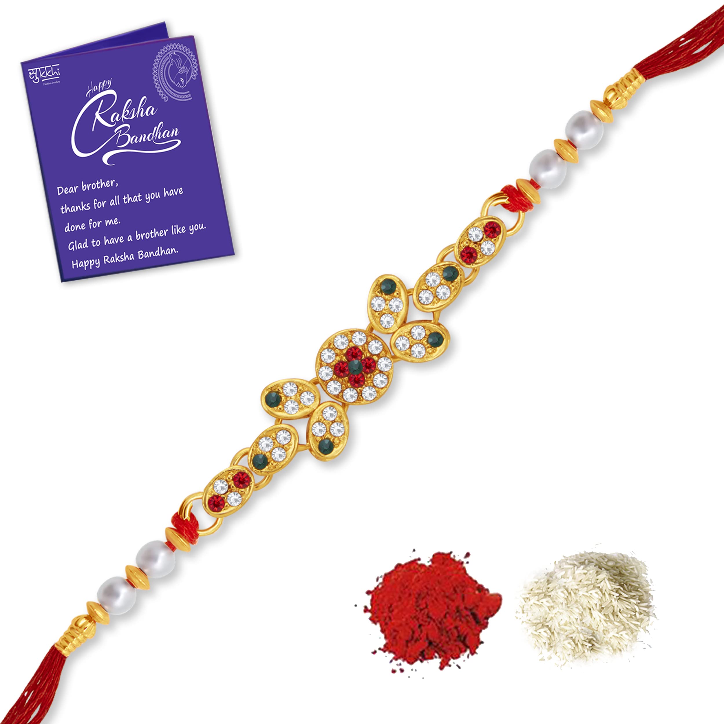 Sukkhi Rakhi Beaut Kundan Designer Gold Plated Premium Rakhi for Brother With Roli Chawal & Greeting Card | Rakhi for Bhaiya | Rakhi for MEN | Kundan Rakhi | (RAK104483) (B0B639XZMG) Amazon Price History, Amazon Price Tracker