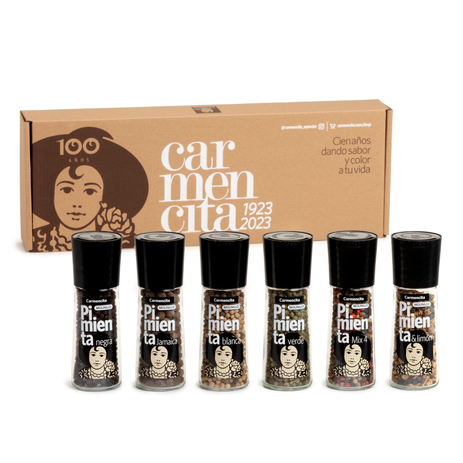 CARMENCITA - Pack 6 Molinillos Pimientas | Pimienta Negra | Pimienta de Jamaica | Pimienta Blanca | Pimienta Negra y Limón | Pimienta Verde | Mix Pimientas | Especias recién molidas para tus comidas
