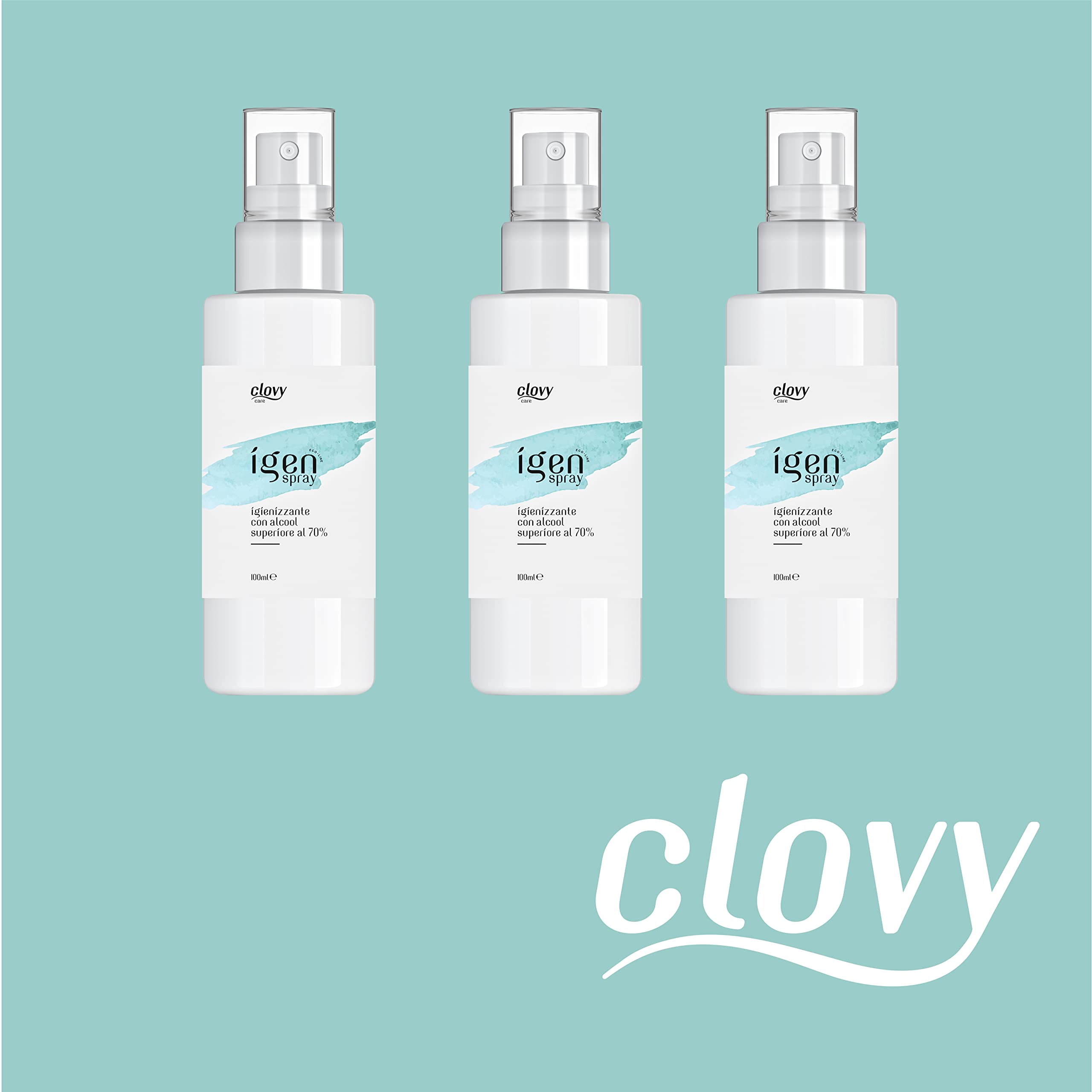 Clovy Care. Igienizzante spray tascabile 2in1 da 100 ml con alcool contenuto >70% per mani e superfici. Senza risciacquo. Rapida asciugatura. (100 ML, 6)