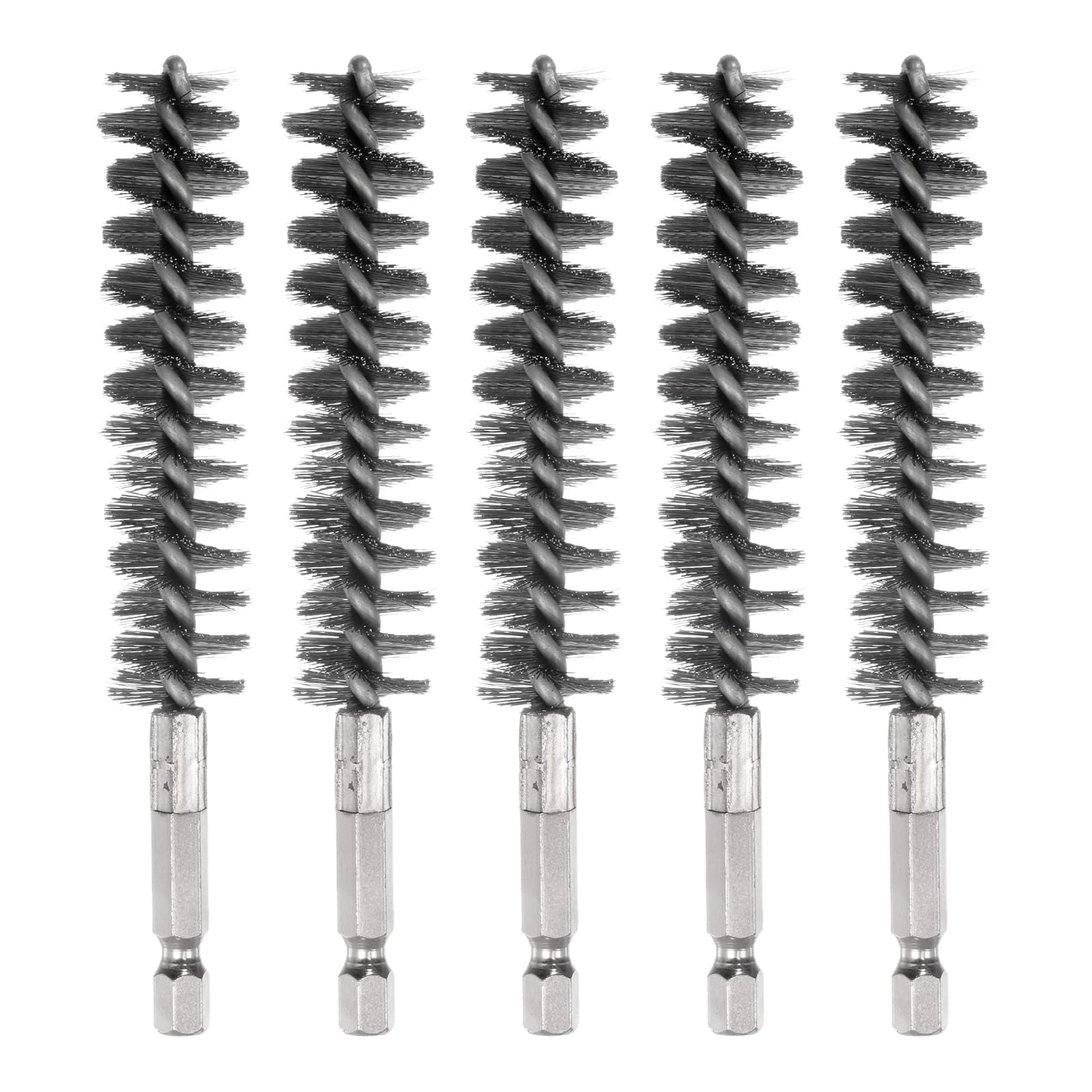 sourcing map 5Pcs Bore Brush Stainless Steel 17mm Dia Cleaning Twisted Wire Brush Tube Pipe Cleaner with Handle 1/4 Inch Hex Shank for Tubes, Ports, Bearings