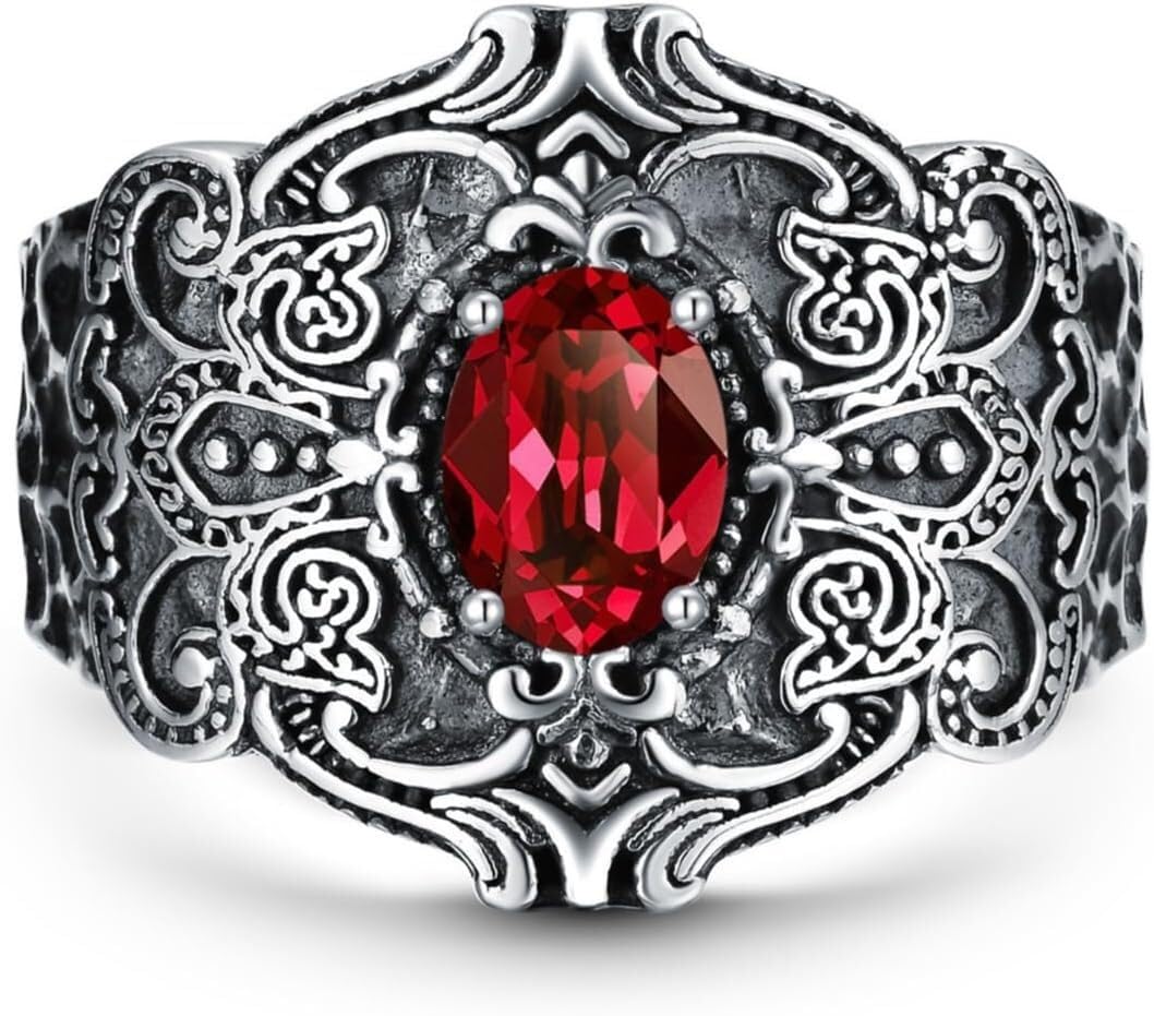 GDHKDDFL Gemstone rings, 1CT 5X7 MM Oval Gemstone Ring 925 Sterling Silver Thumb Pinky Engraved Gothic Punk Ruby Men's