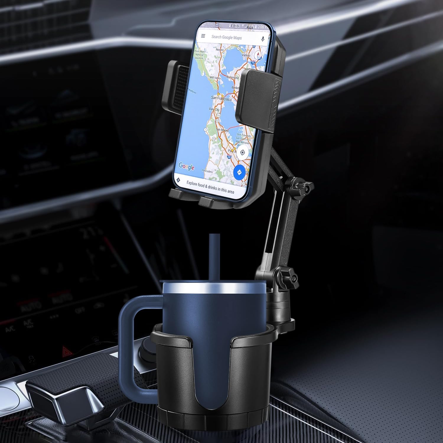 2 in 1 Car Cup Holder Phone Mount, Adjustable Cup Holder Expander with 360° Rotation Cellphone Holder, Cup Phone Holder for Car Fits All 4-7'' Phone, Car Cupholder Extender for 10-40 oz Drink Bottles
