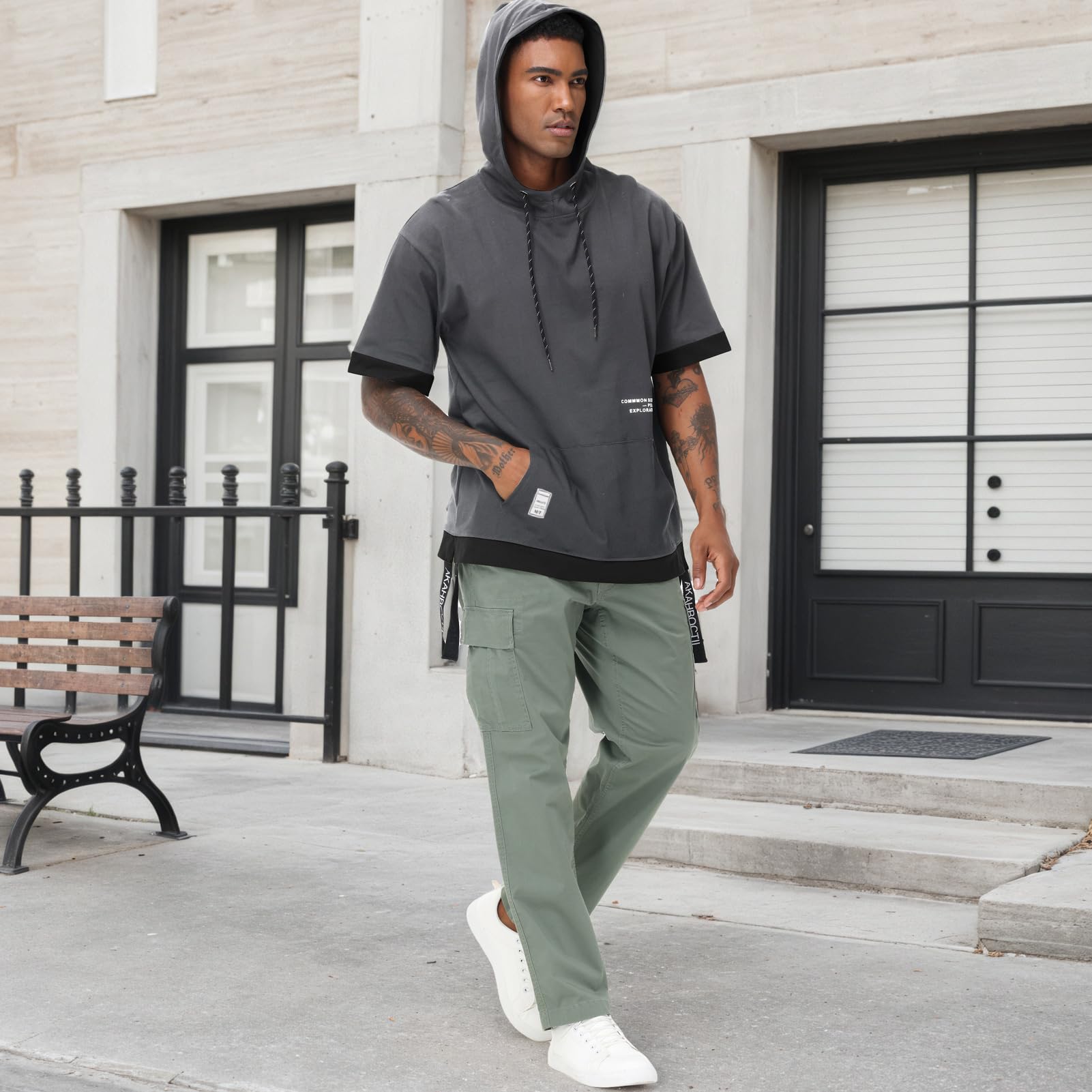 Sweat Manche Courte Homme Coton Tee Shirt à Capuche Color Block Pull à Capuche L'été Hoodie Sweatshirt
