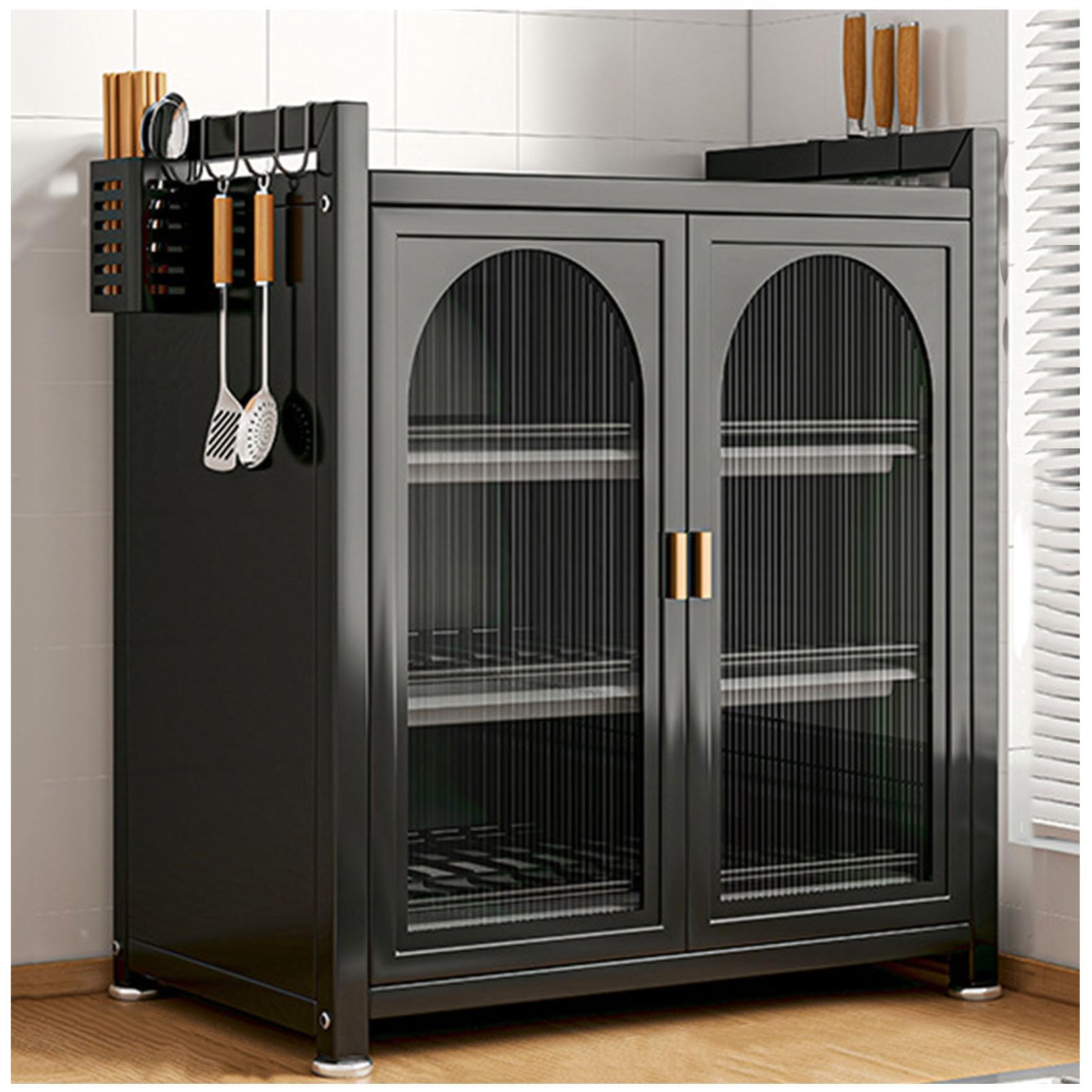 GLJTUO Freestandingwith Drainboard - Utility Cupboard Dish Drying Rack Pantry Sideboard with rage Doors and Shelves for Efficientrage Solutions,Black-44×27×54CM