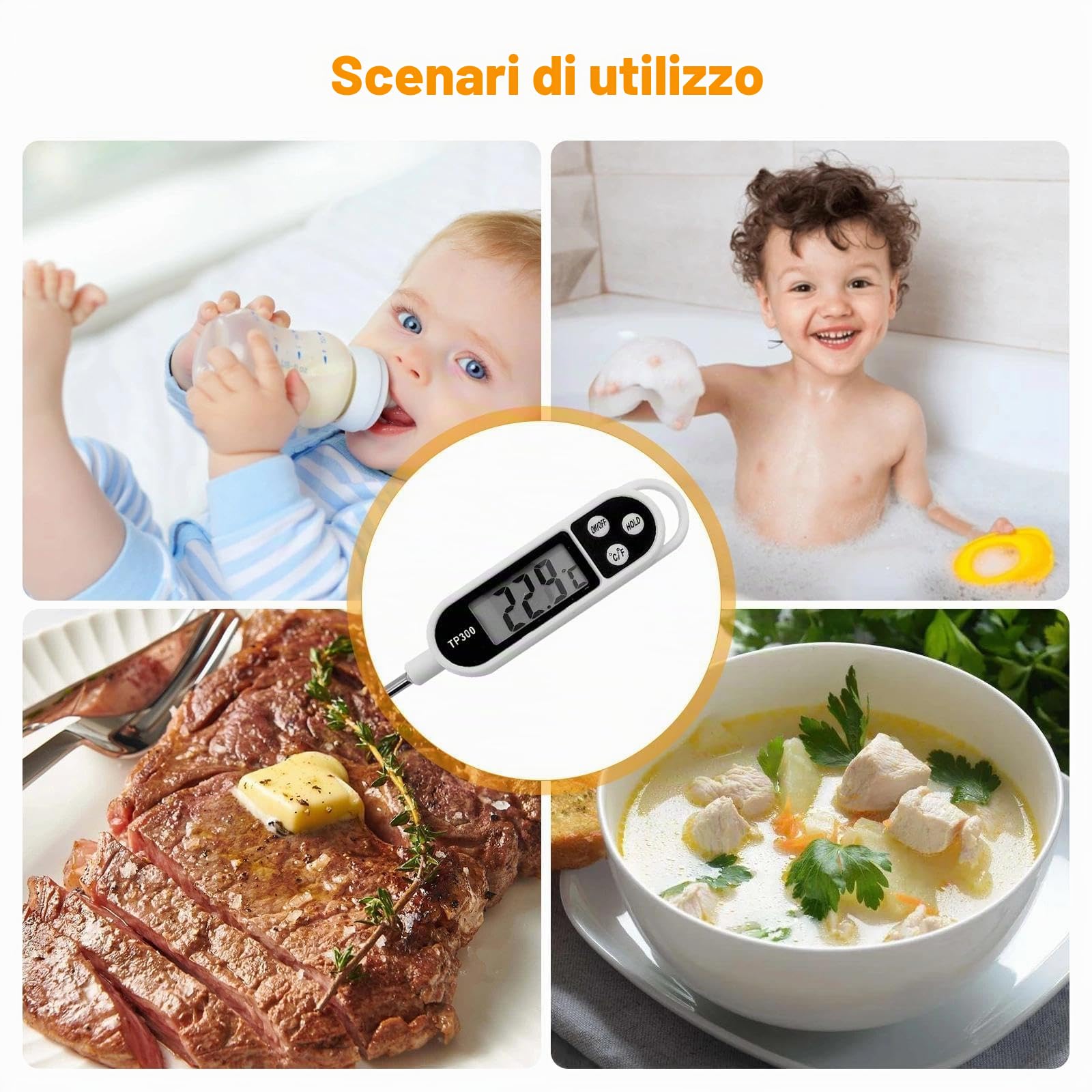 Termometro da Cucina Digitale 3s Lettura Istantanea Retroilluminazione Alimentare Carne Barbecue Olio Bianco