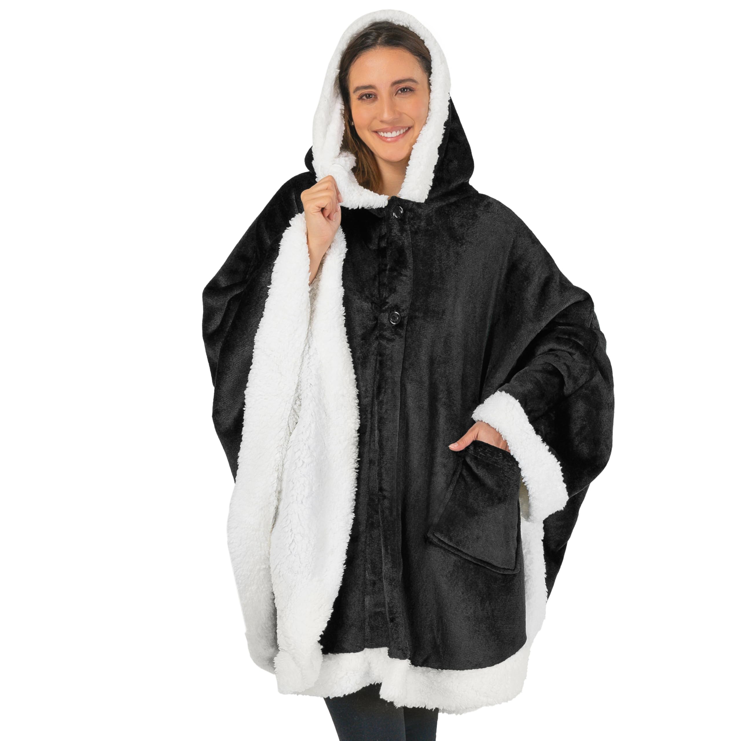 Pavilia Women's Black Angel Wrap Hooded Blanket, Sherpa Lined Wearable Blanket Cozy Poncho Wrap Throw For Adult, Plush Warm Cape Shawl With Pockets Hood, Gift For Wife Mother,