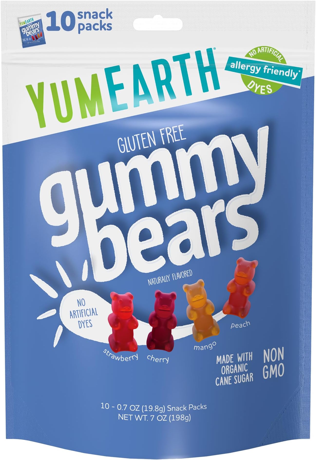 YumEarth Organic Fruit Flavored Gummy Bears, 10- .7oz. Snack Packs, Allergy Friendly, Gluten Free, Non-GMO, No Artificial Flavors or Dyes, Assorted