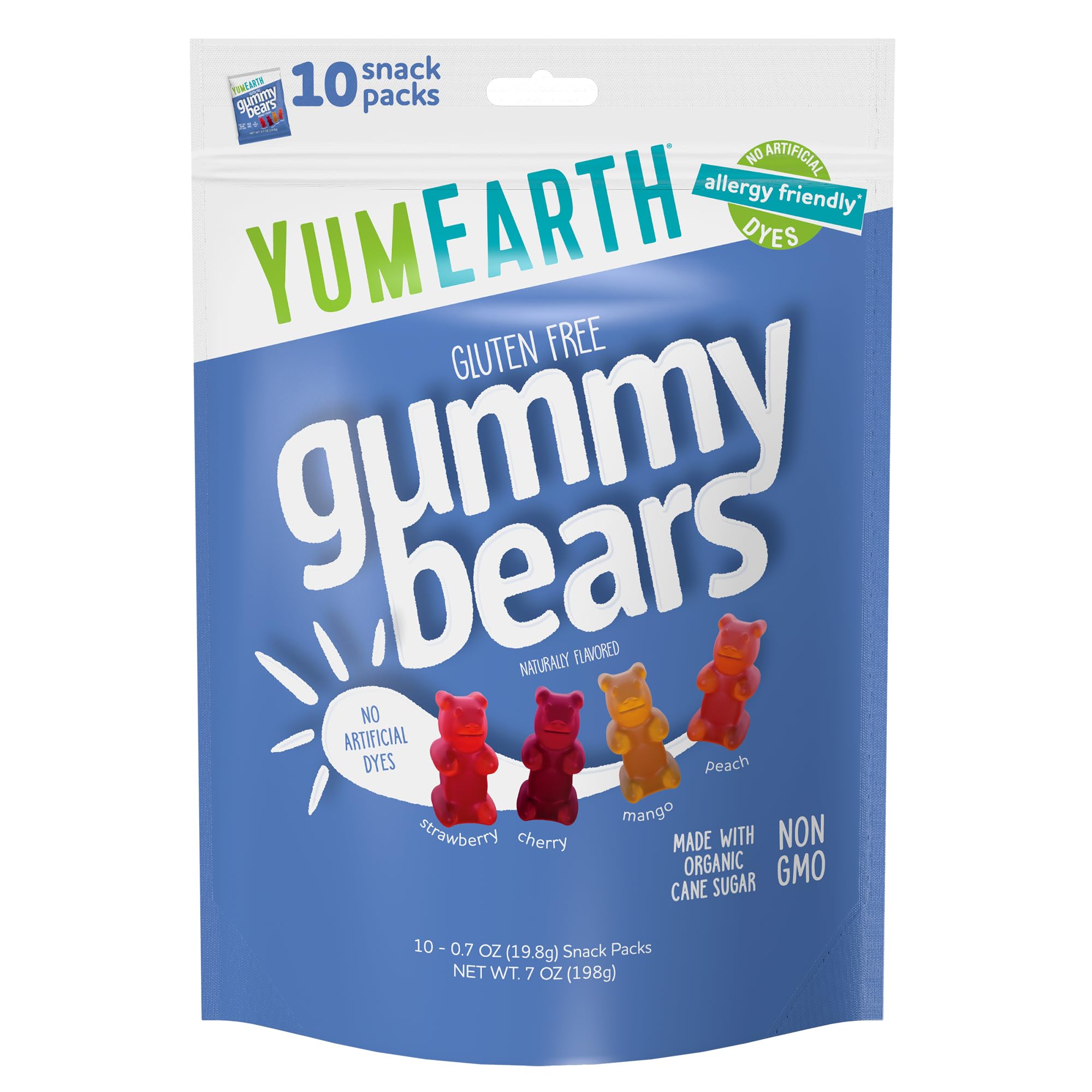YumEarth Organic Fruit Flavored Gummy Bears, 10- .7oz. Snack Packs, Allergy Friendly, Gluten Free, Non-GMO, No Artificial Flavors or Dyes
