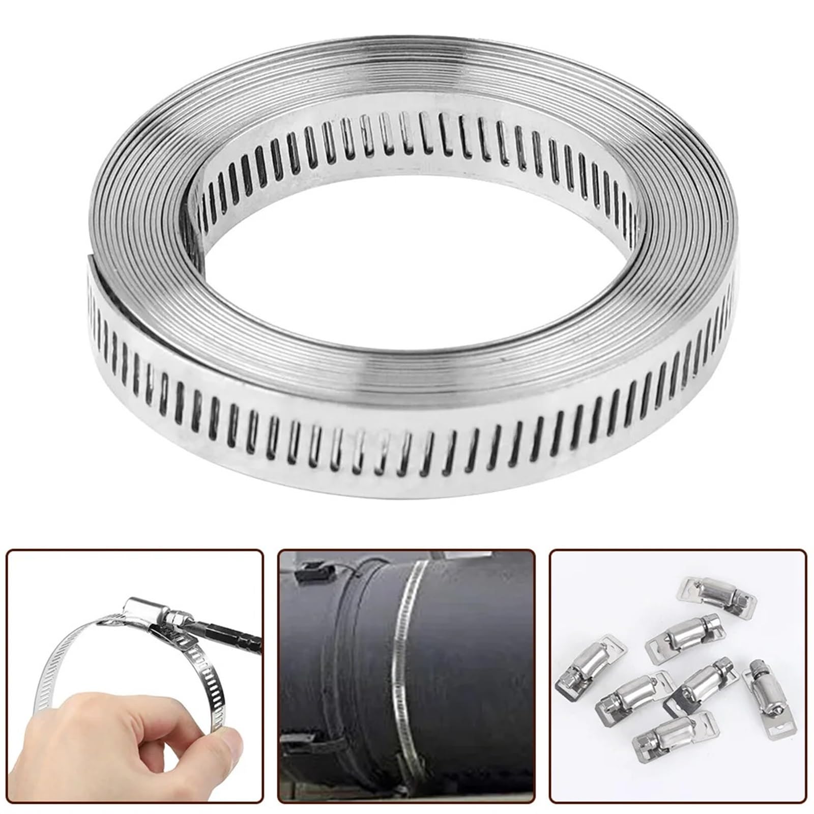 Colliers de serrage réglables de 9,8 pieds, grands colliers de serrage à vis sans fin en acier inoxydable avec 6 attaches, pince de plomberie, kit de colliers de serrage robustes Collier De Serrage