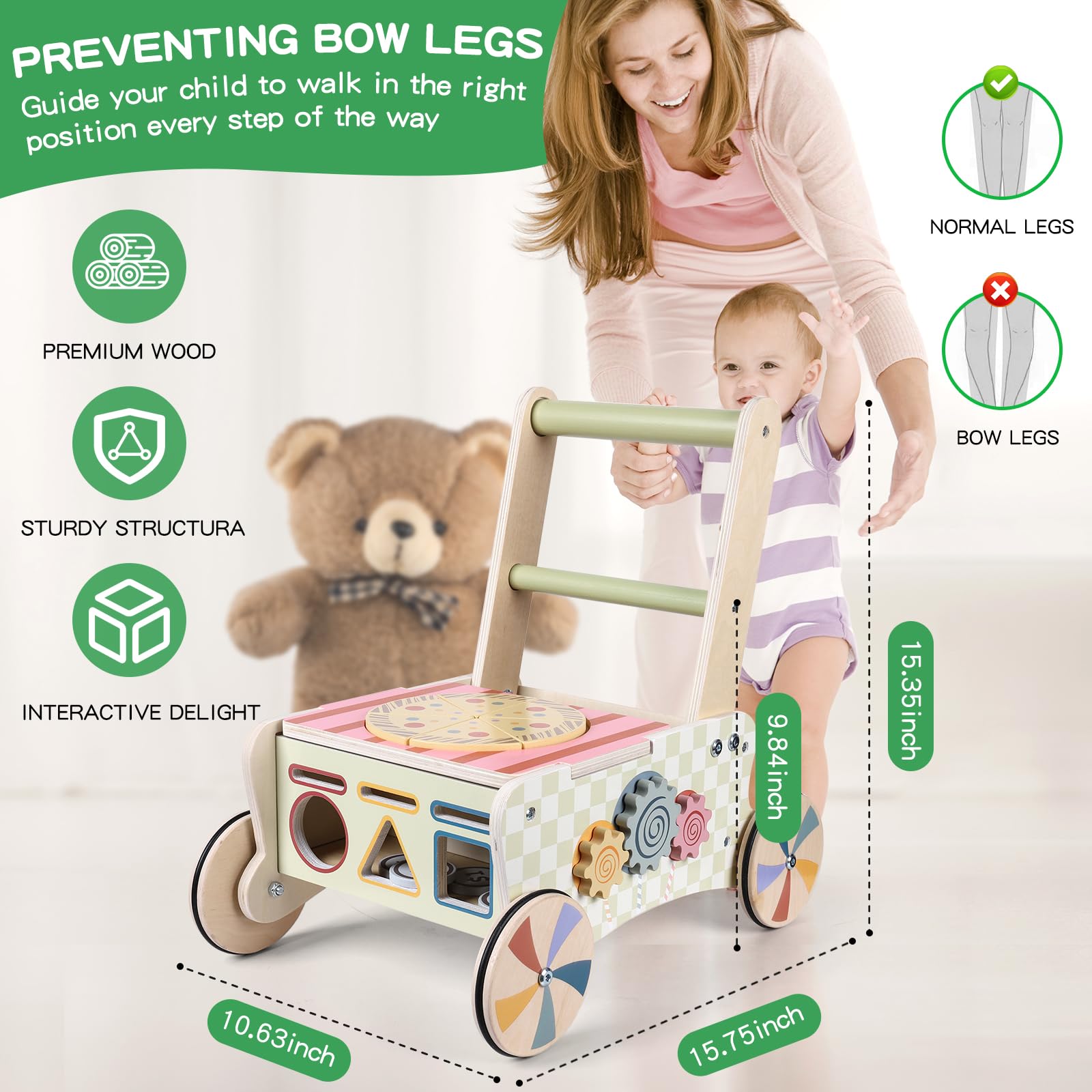 Girello per Bambini in Legno Carrello Primi Passi con Giochi Interattivi Montessori Baby Walker Cucina da Gioco Giocattoli Bambino 1 Anno Regali di Natale Capodanno Battesimo per Bimba e Bimbo
