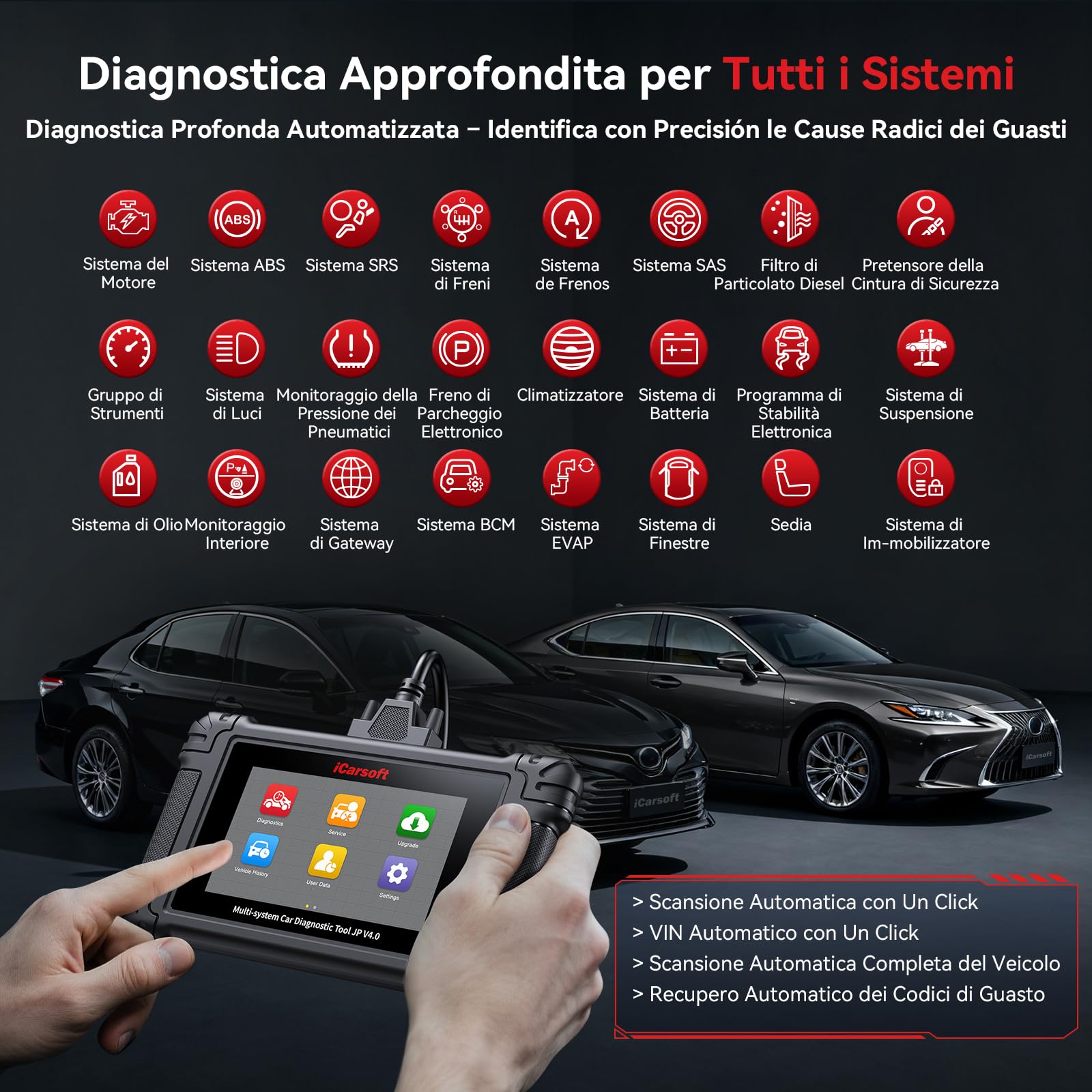 iCarsoft JP V4.0 OBD2 Auto Diagnostica per Toyota/Honda/Mitsubishi/Suzuki/Mazda/Hyundai, Diagnosi Auto in Italiano per Tutti i Sistemi, 49 Servizi, Test Bidirezionale, Auto VIN, Aggiornamento WiFi