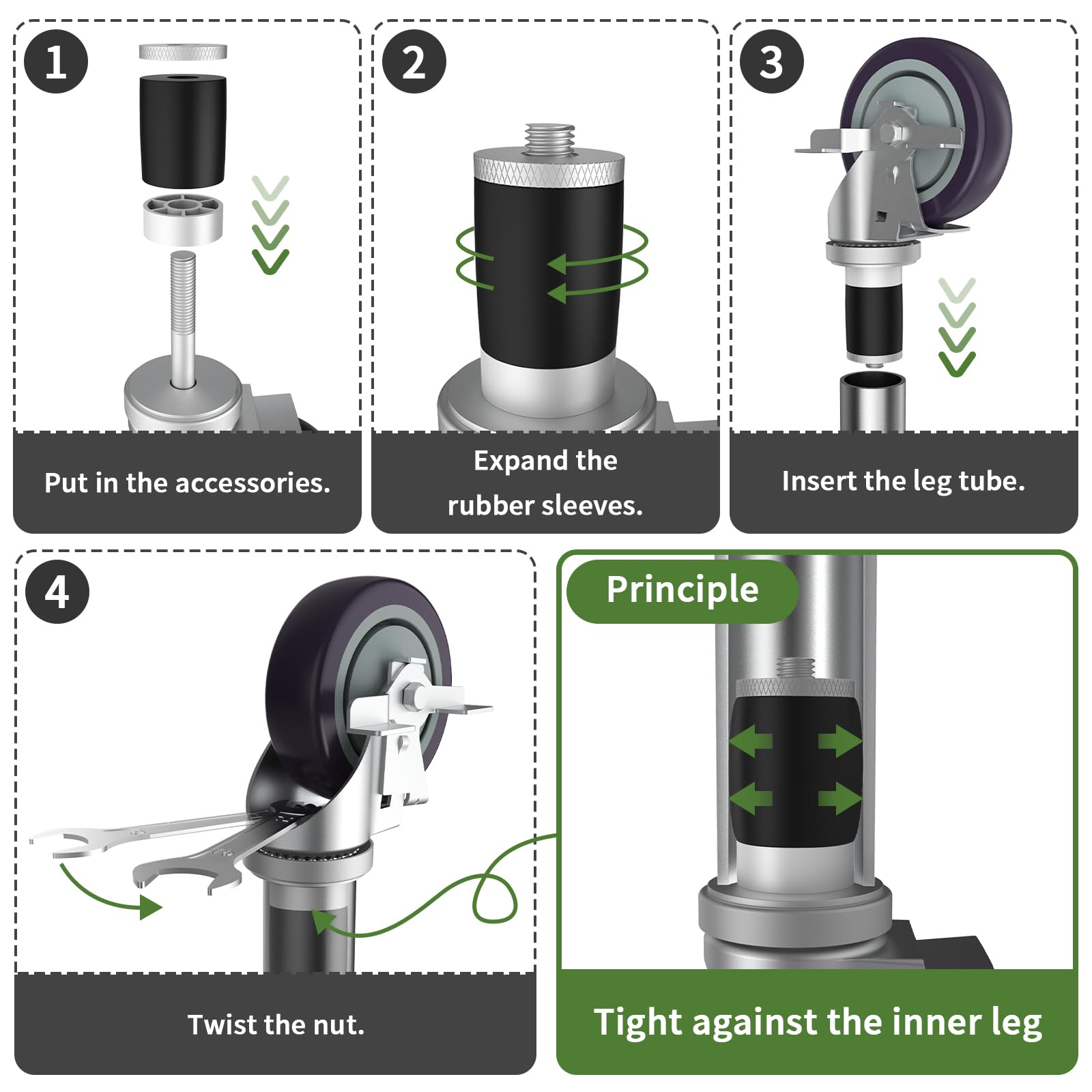 Ruedas giratorias de vástago expandible de 5 pulgadas para patas de mesa, todas con ajuste de freno, adaptador de tubo de pierna de 1 pulgada, juego de 4 ruedas de vástago expandible