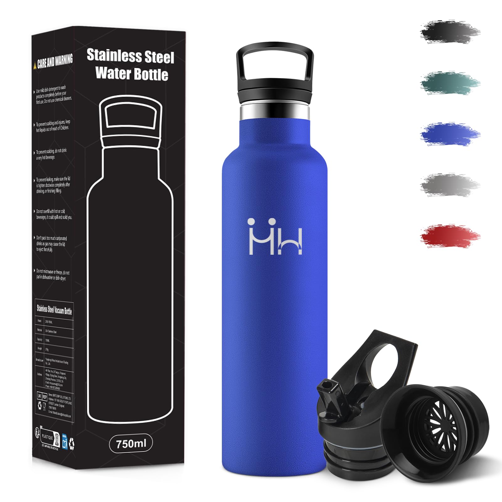 Botella Agua Acero Inoxidable Con 3 Tapones HUIIKE, Termo