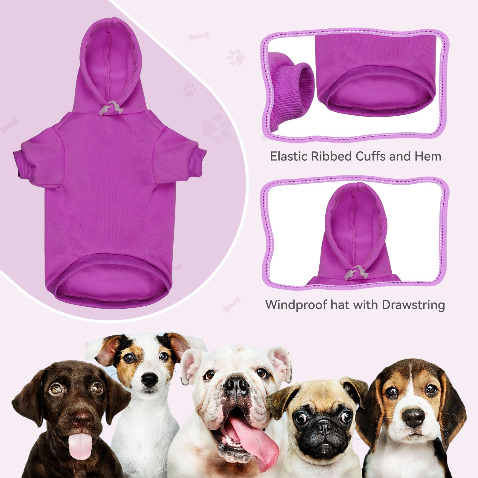 Hundepullover für mittelgroße Hunde, Hundepullover, solide, weich, gebürstetes Fleece, Hunde-Kapuzenpullover mit Tasche (Lila, M)