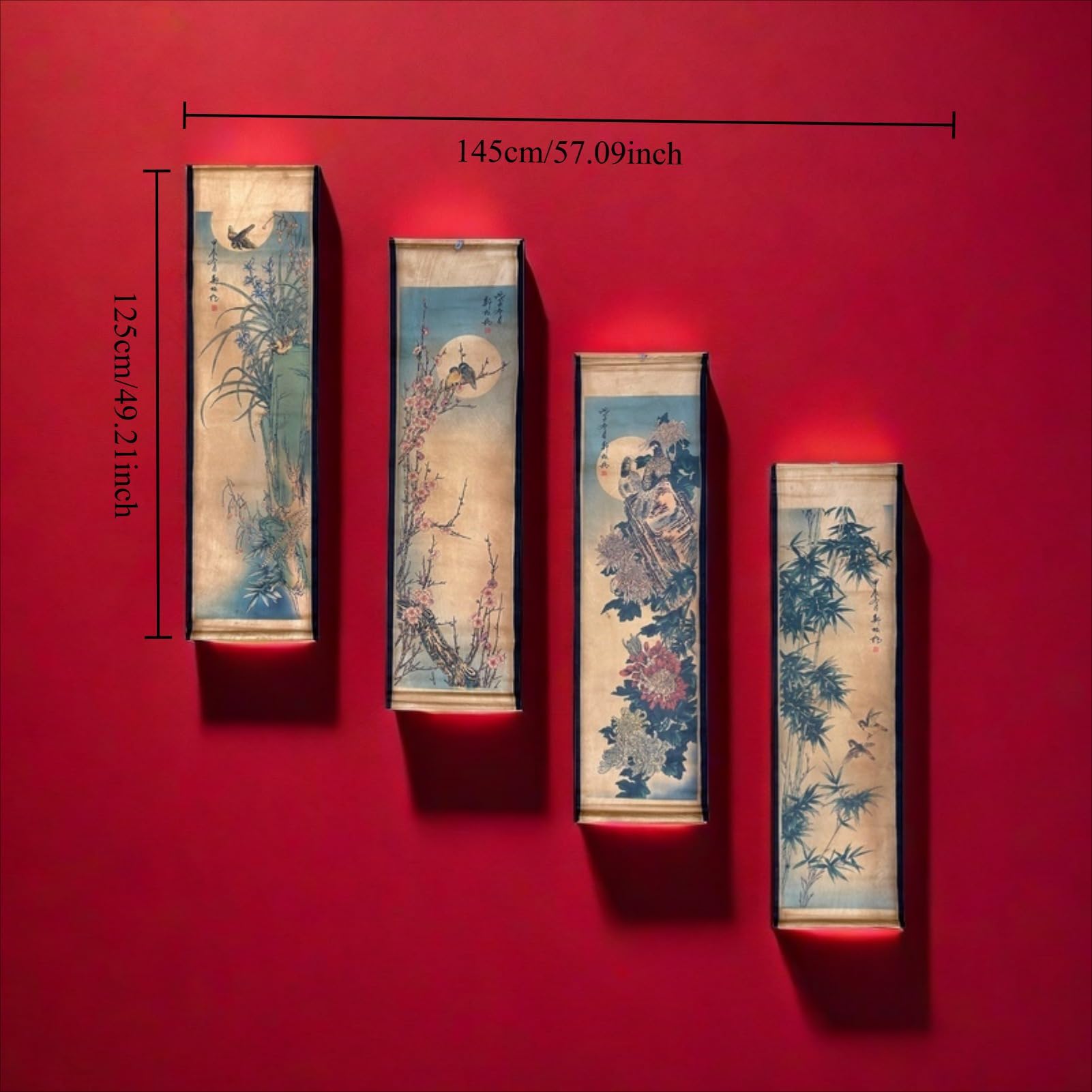 Wall Scroll Hanging Painting Decor, Chinese Traditional Art Set of 4 Vintage Flower Paintings Ancient Painting Replica, Plum Orchid Bamboo Chrysanthemum