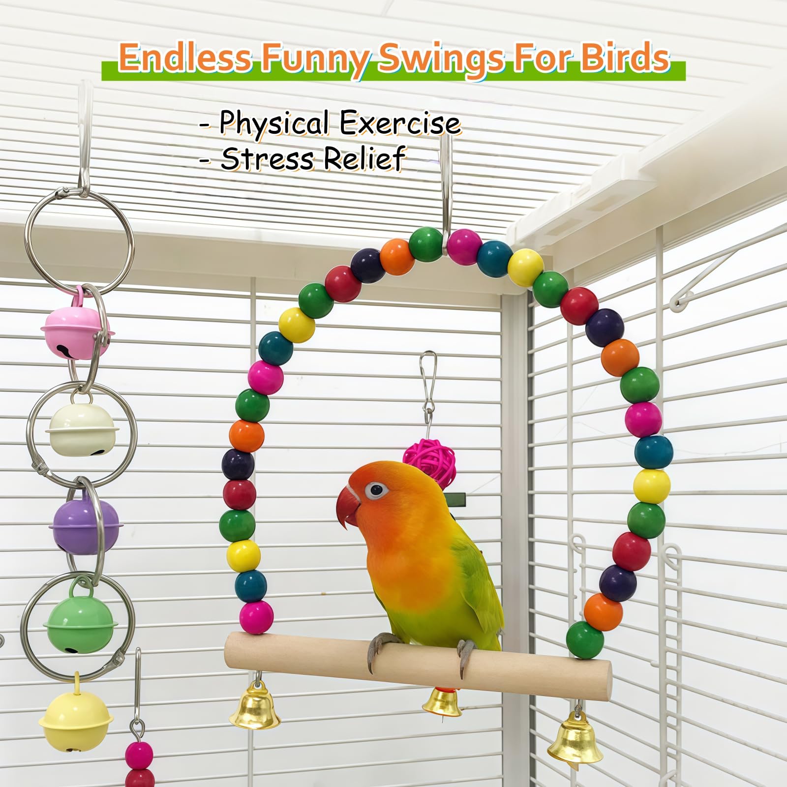 7 Packs Bird Toys for Parakeets, Colorful Parrot Toys with Swings, Bells, Beads, and Perches, Natural Wood Bird Cage Toys for Cockatiels, Lovebirds, Budgies, Conures, and Small Birds - image 3