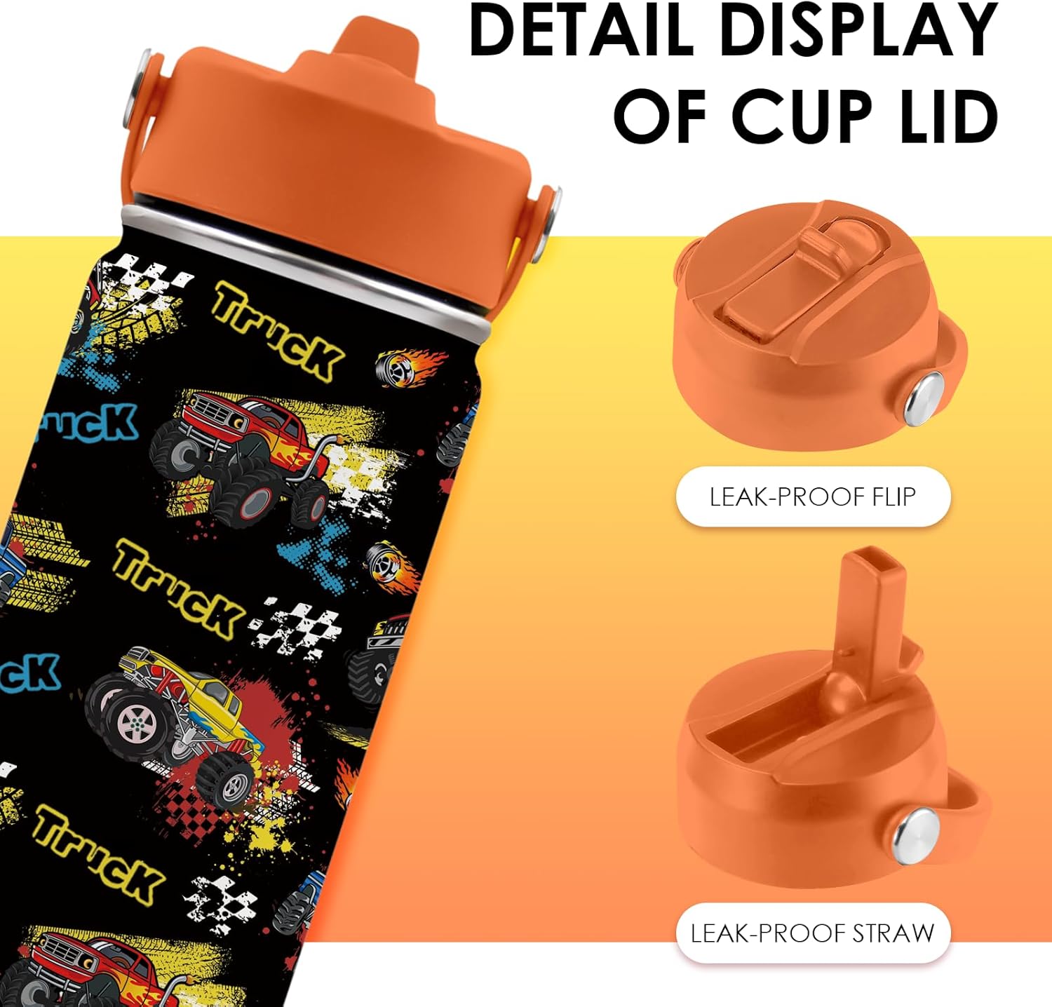 Truck Gifts for Kids - 16 Oz Kids Water Bottle with Straw Lid, Stainless Steel Insulated Tumbler, Leak Proof, BPA-Free, for Girls, School, Travel - Truck Lovers Children Birthday Gifts Cups(1pc) - Image 5