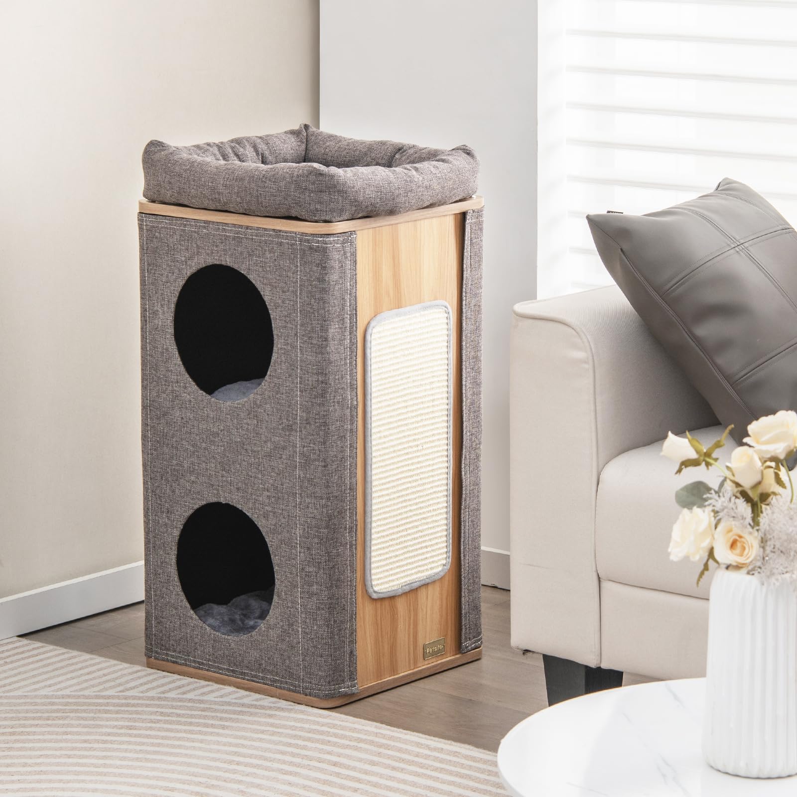SOARS Tiragraffi per Gatti a Torre 77,5 cm, 3 Piani con 2 Grotte, Cuccia Albero per Gatti con Piastra Tiragraffi, Copertura Rimovibile e Cuscino, Tubo Stabile Ø38, Grigio e Naturale