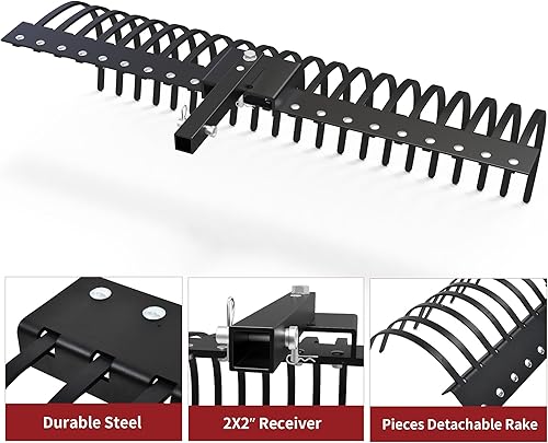 Miniatura 5 de YITAMOTOR Rastrillo de remolque de 60 pulgadas, estante de 2 pulgadas con 21 púas de acero para ATVUTV y sistemas de enganche de 3 puntos, cuenta