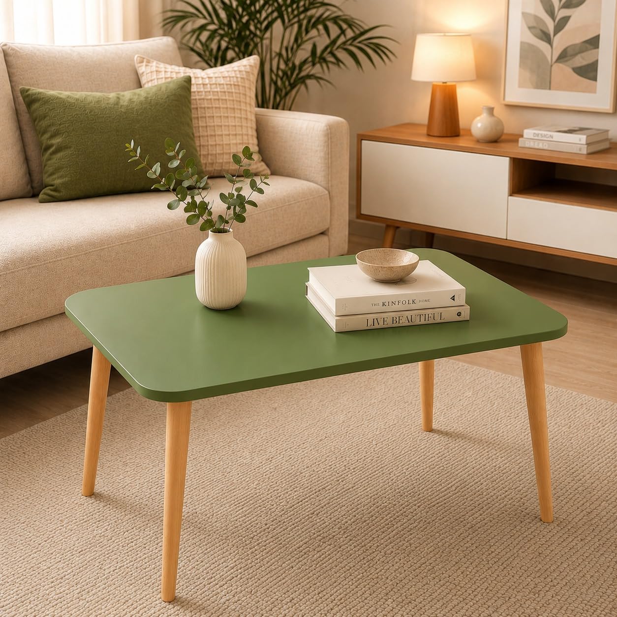 Wooden Foldable Coffee Table - Rectangular Center Tea Table for Living Room & Bedroom, Easy Assembly with Solid Wooden Legs (Green)-image-42